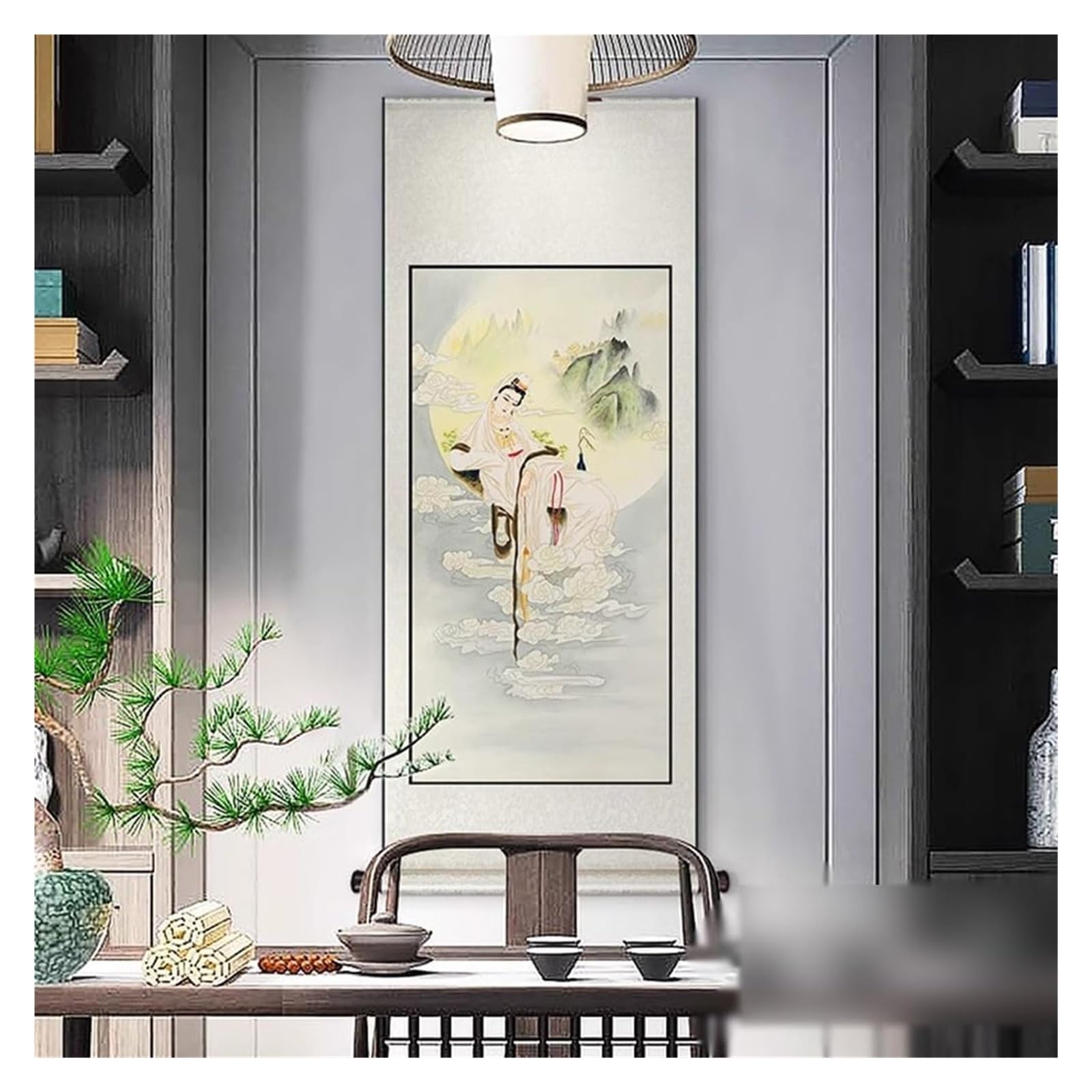 Pomyślny obraz zwoju Guanyin, starożytna chińska poza bóstwa, dekoracja muzeum Feng Shui, kolekcja prezentów urodzinowych(Creamy white A,79L x 186W cm)