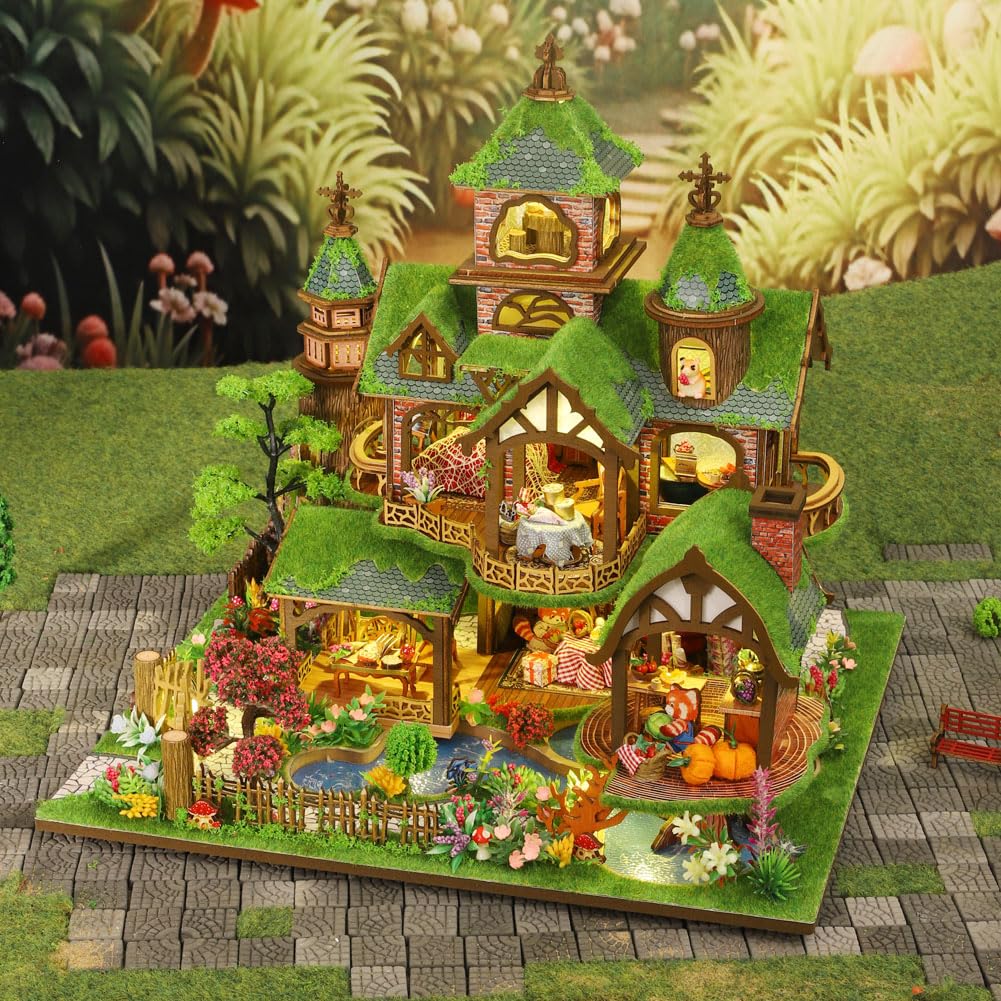 Fantasy Las DIY zestaw do budowania domku dla lalek, domek dla lalek z drewna do montażu, puzzle z meblami i oświetleniem LED, kreatywny prezent dla chłopców i dziewczynek