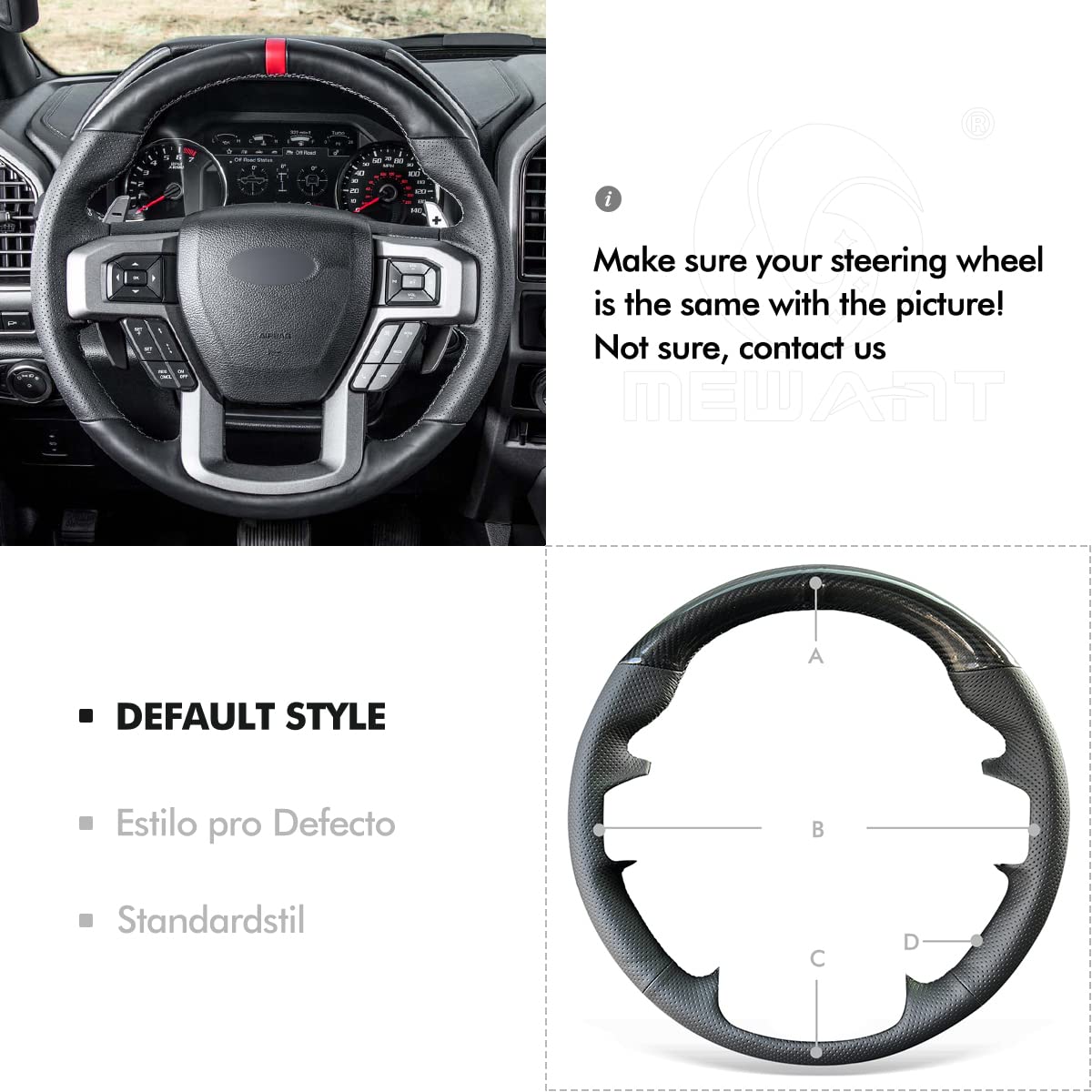 MEWANT Hand Stitch Black Genuine Leather Shiny PU Carbon Fiber Steering Wheel Wrap for Ford F-150 Raptor 2015-2020