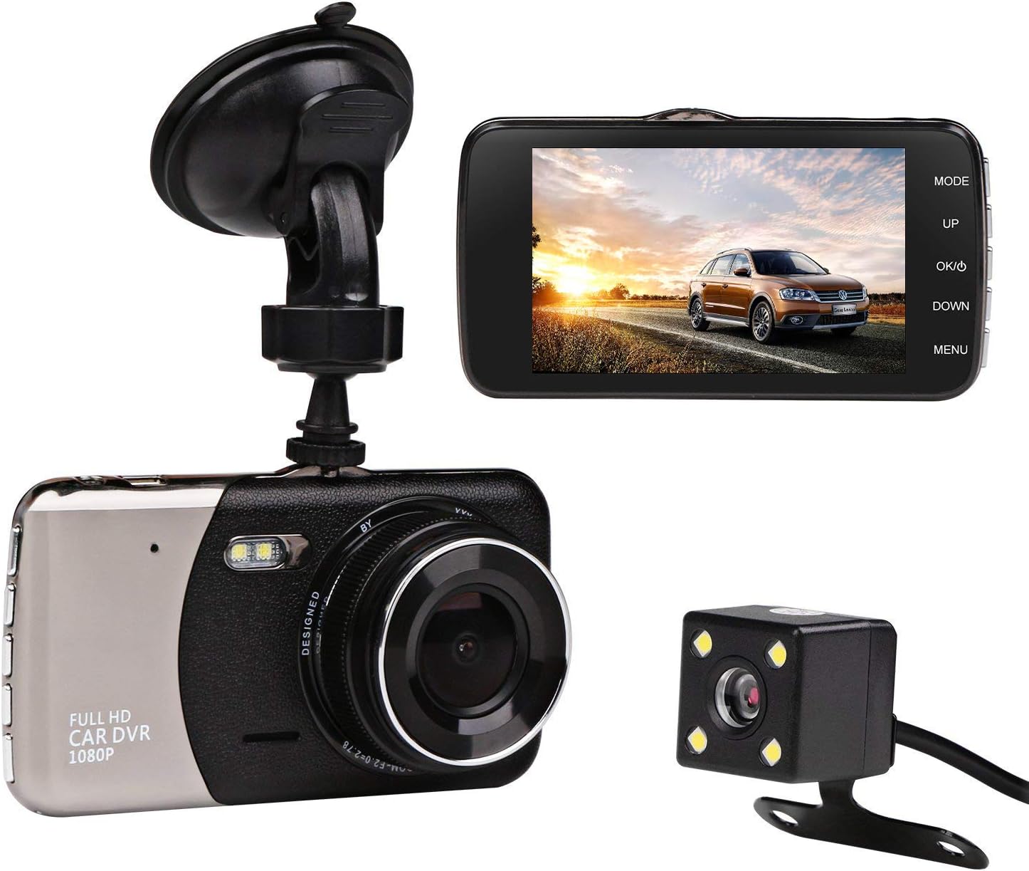Car Dash Cam, Monja New Upgraded 1080P HD Mini Driving Recorder, Front Rear Dual Lens, 170°Wide Angle, 4.0-inch IPS Screen, Loop Recording Dashboard, G-Sensor, Park Monitor (Black)
