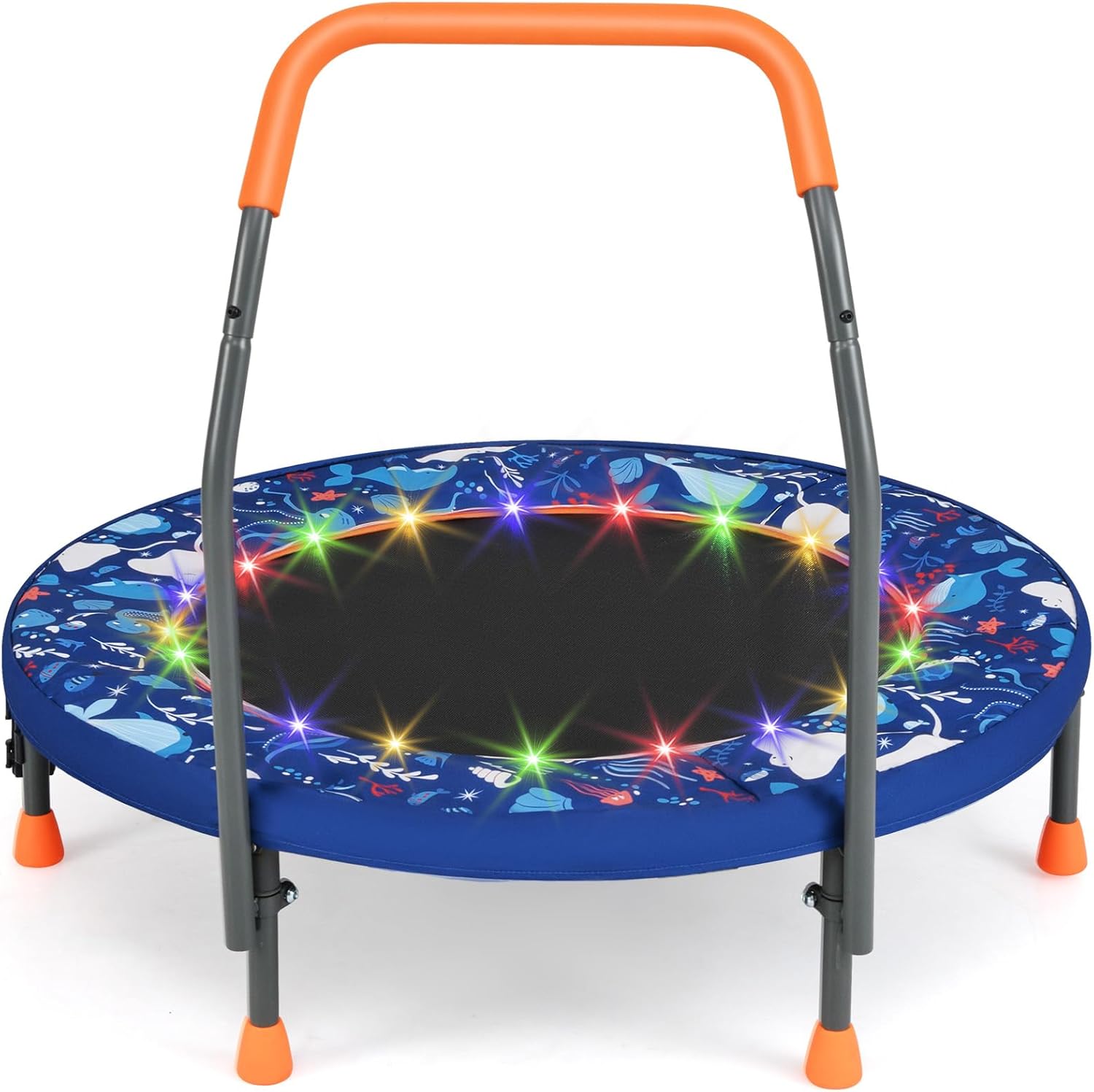 GYMAX 36” Toddler Trampoline with Lights, Folding Springless ASTM Approved Small Kids Rebounder with Foam Handle, Safety Padded Cover & Foldable Legs, Mini Indoor Baby Trampolines