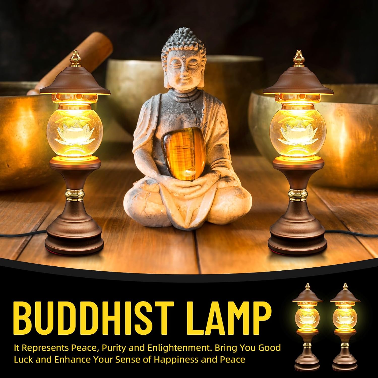 1 Pair Color LED Lotus Lamp - 110V US Plug Crystal Lotus Lamp Pagoda Buddha Lamp Night Light with Adjustable Switch Home Buddhist Supplies Meditation Buddhist Temple 10 Inch