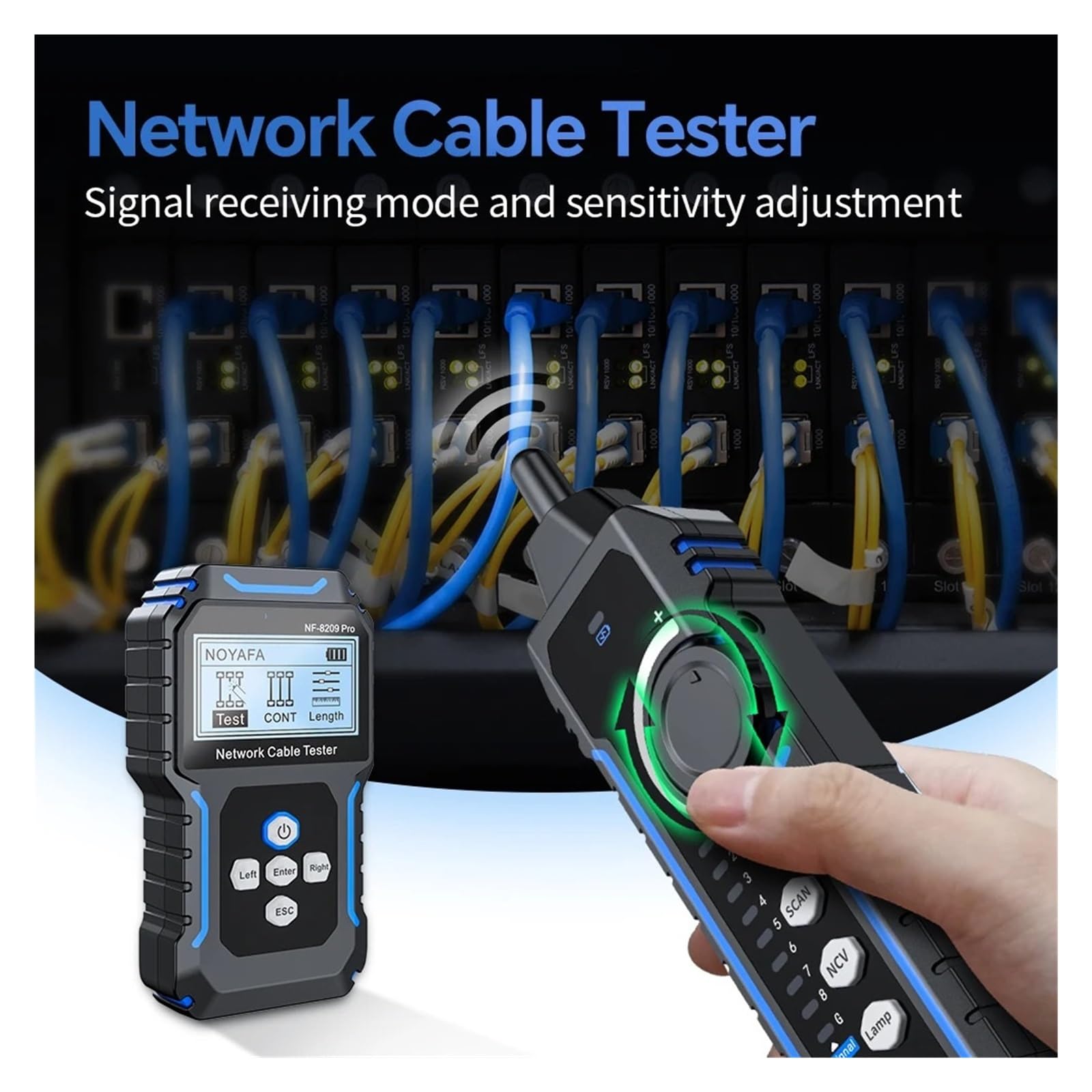 Localizzatore di Cavi, Tester for cavi di rete, tracciamento Cat5 Cat6, tester PoE, rilevamento lunghezza, test continuità con NCV e lampada