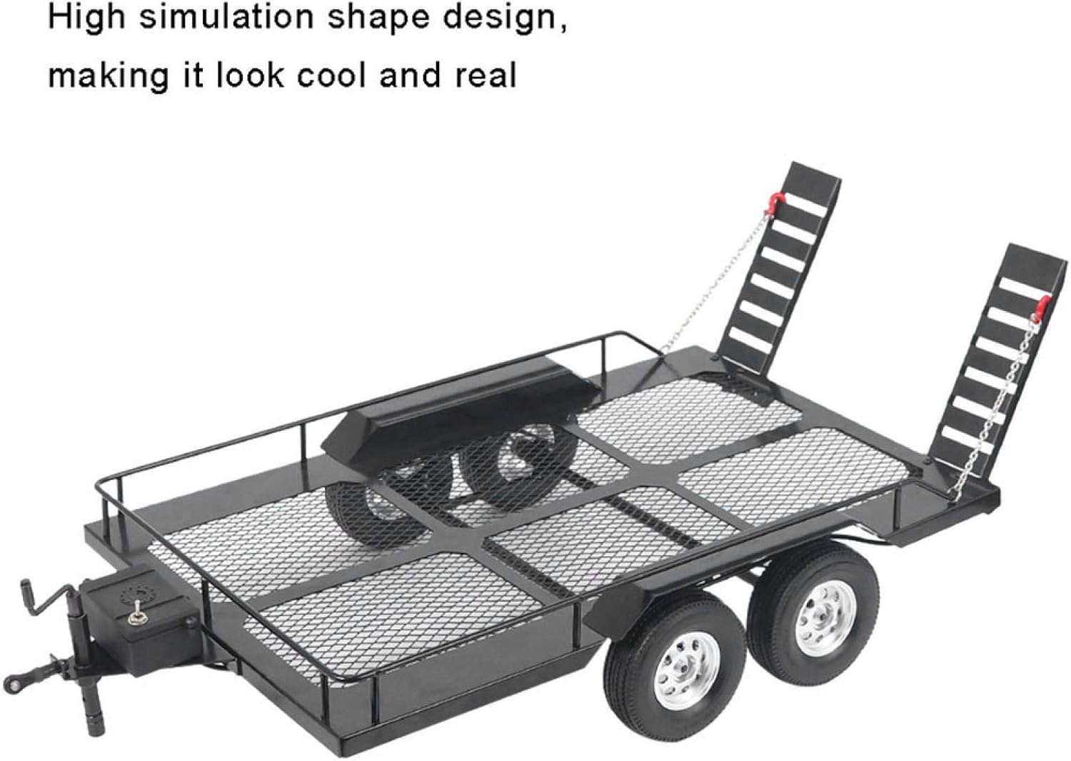 RC Car Trailer, Metal Trailer Cargo Carrier with Four Tires for 4WD 1/10 Car, Heavy Duty Truck Crawler Buggy Truggy Trail Toy Accessory, Black