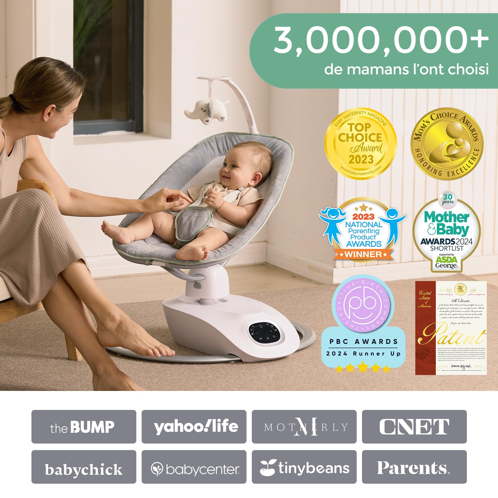 Momcozy CocoSway Balancelle Bébé Électrique, 3D-Motion, Télécommande, Gris | 6 Modes, 4 Vitesses, Siège Pivotant 180°, Transats, Balançoires, Nourrissons, Tout-petits, 5 Harnais, Berceuses