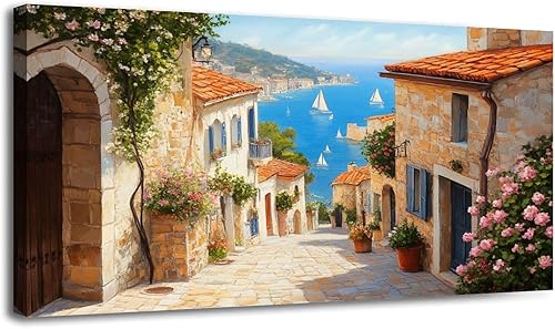 30"x 60" Italy Canvas Wall Art Tuscany Coastal Scenery Vintage Canvas Dining Room Living Bedroom Framed Pictures Painting Prints Large Wall Art for