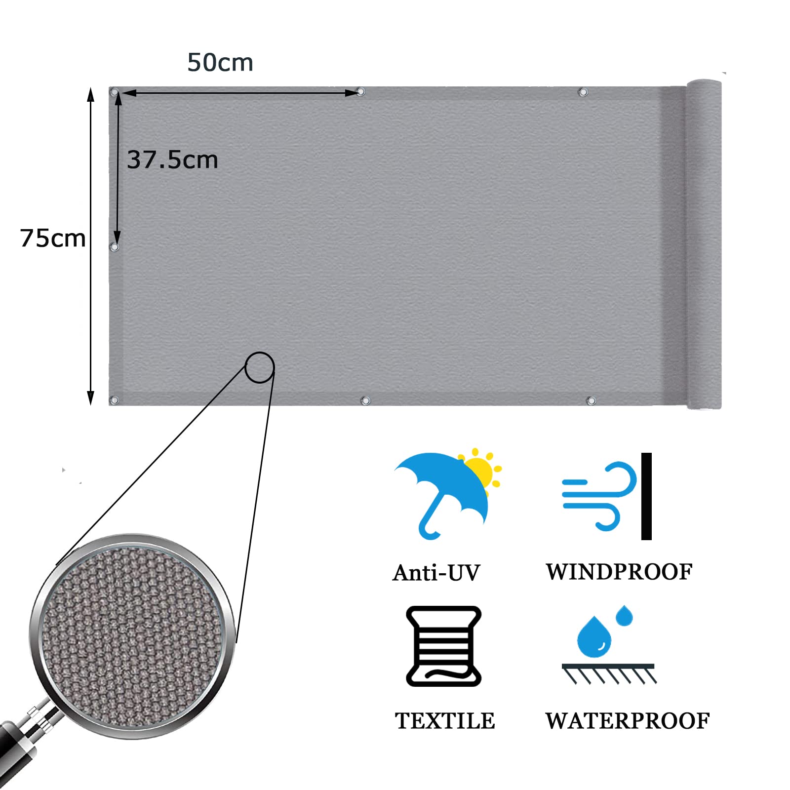 COOL AREA Frongivista per Balcone in PES, Impermeabile Anti-UV Recinzione Copertura per Balcone Giardino,75x600cm,Grigio Chiaro