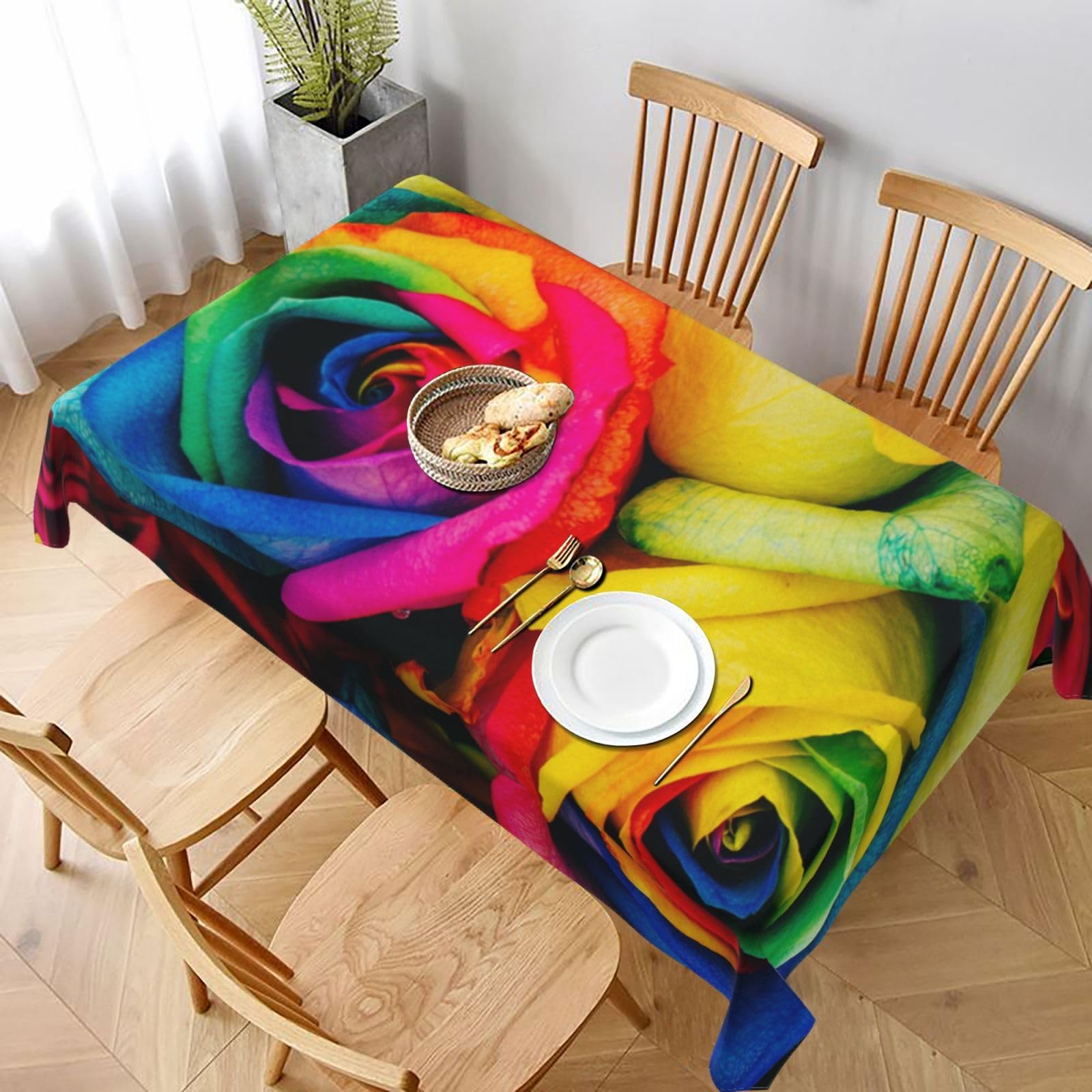 BNVSADC Rainbow Rose Printed Rectangle Tablecloth 228x152 CM, Water Resistant Polyester Table Cloth Decorative Fabric Table Covers for Kitchen Dining Table Parties Camping