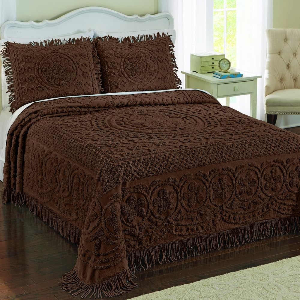 1 Piece Elegant 100% Cotton Tufted Chenille Bedspread Full Size intricated Texture Fringe Borders | All Seasons Chocolate Brown Color Western Bedding Aesthetic Look Soft Plush Cozy Feel