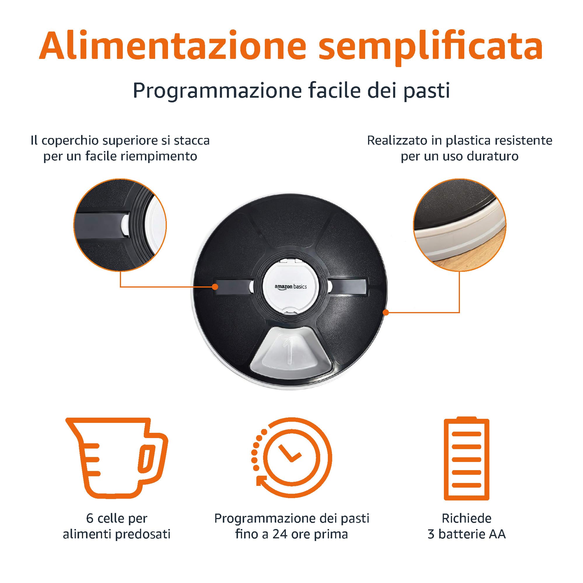 Amazon Basics - Alimentatore elettronico automatico a tempo per animali domestici - 6 porzioni, nero