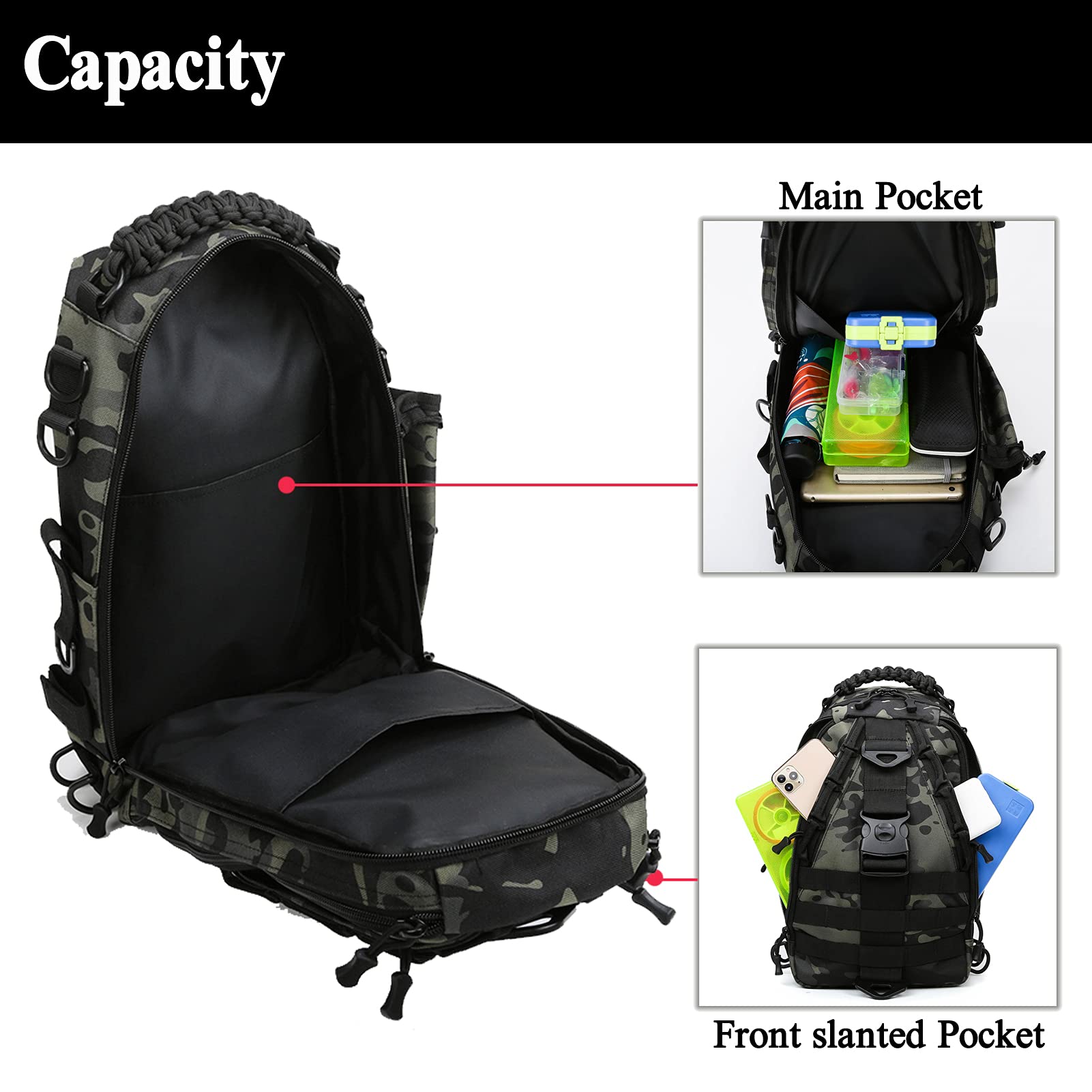 Mochila de almacenamiento para aparejos de pesca – Bolsas de pesca resistentes al agua al aire libre mochilas con correa de caña de pescar (grande (16.3412.95.71 cm) – camuflaje negro