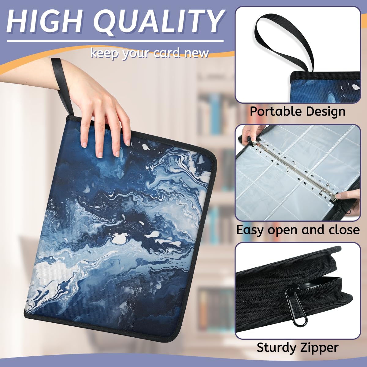 Raccoglitore per carte con 9 tasche, 900 tasche, con chiusura a cerniera (inchiostro blu lavato)