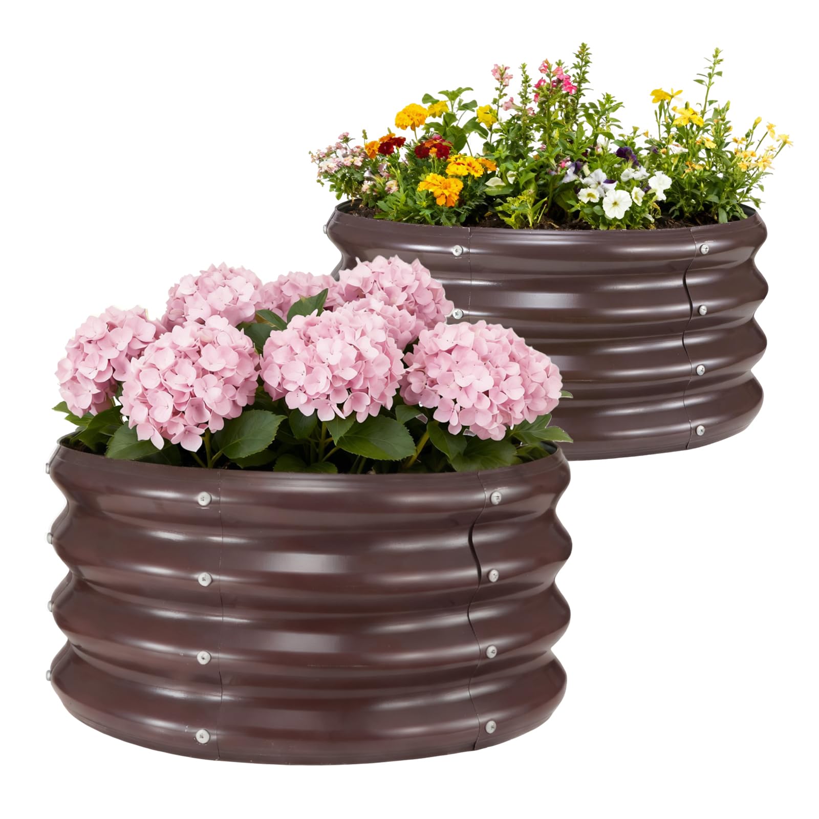 Macetas galvanizadas GOOZOO pack de 2 jardineras redondas de metal marron para huerto exterior