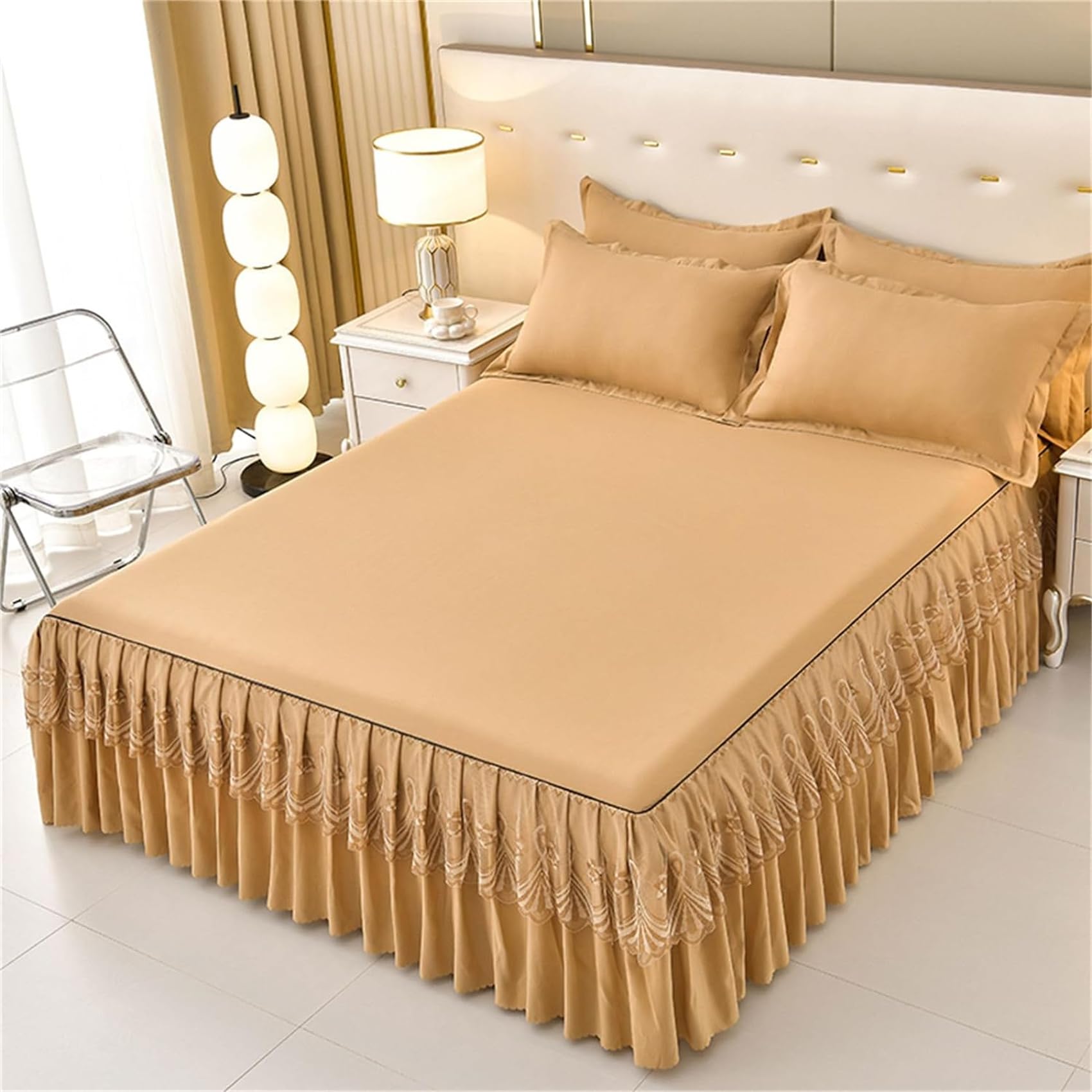 BBPM Bedding Base Valance Sheet Bed Skirt Style Bedspread Lace Bed Skirt Wrap Double/Single/Small Double Soft Microfibre - Pleated - Dustproof/creaseproof/Slip Proof,Brown,Queen/150 * 200cm