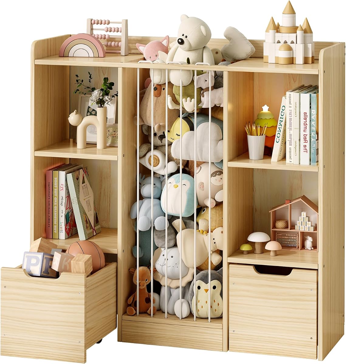 Organizador de almacenamiento de juguetes con almacenamiento de animales de peluche, organizador de juguetes de madera de pino macizo y zoológico de animales de peluche, estante de 4 cubos con 2 cajones móviles, estante de libros 4 en 1 para habitación de niños, sala de juegos, guardería
