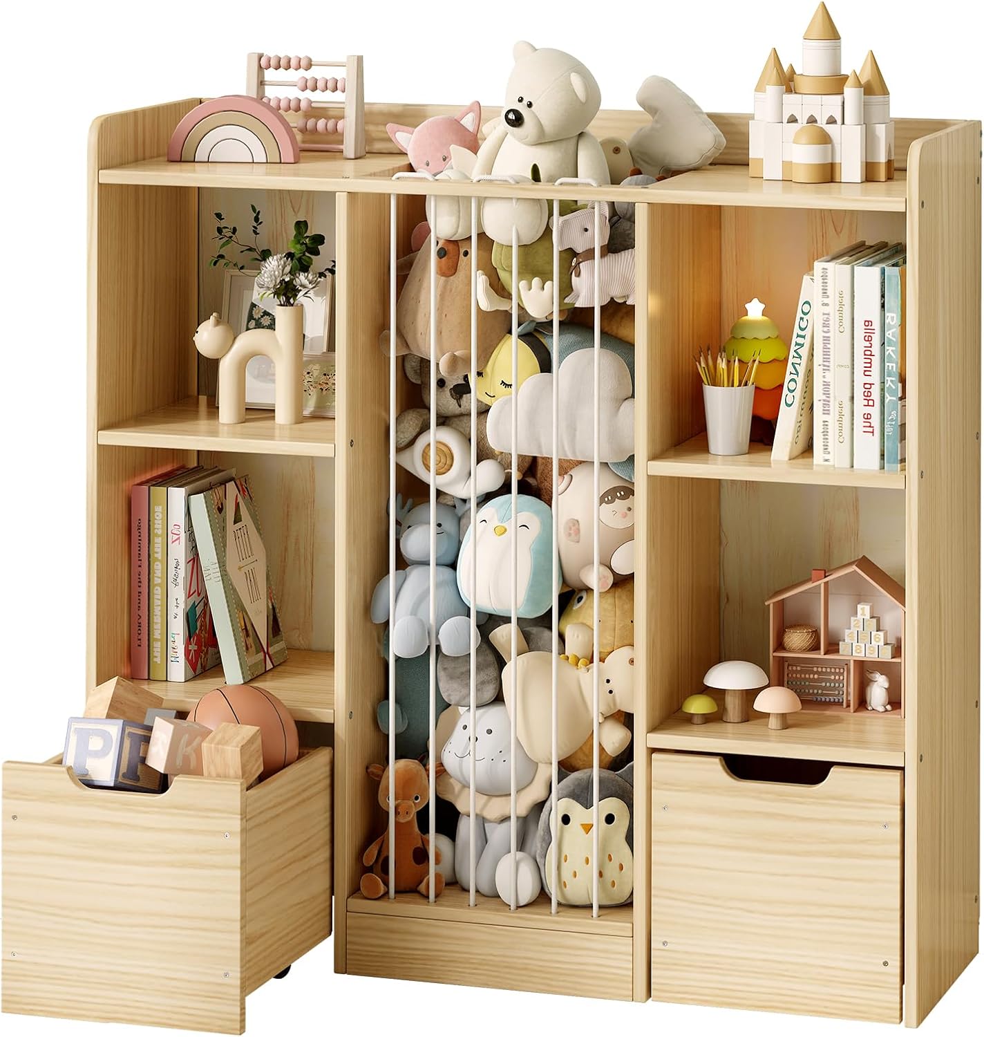 Toy Storage Organizer with Stuffed Animal Storage, Solid Pine Wooden Toy Organizer & Stuffed Animal Zoo, 4 Cubes Shelf with 2 Movable Drawers, 4 -in-1 Book Shelf for Kids Room, Playroom, Nursery