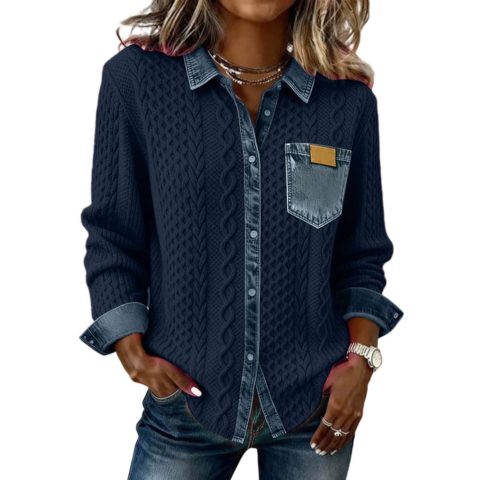 Generisch Strickjacke Damen Patchwork Übergangsjacke Denim Cardigan Langarm