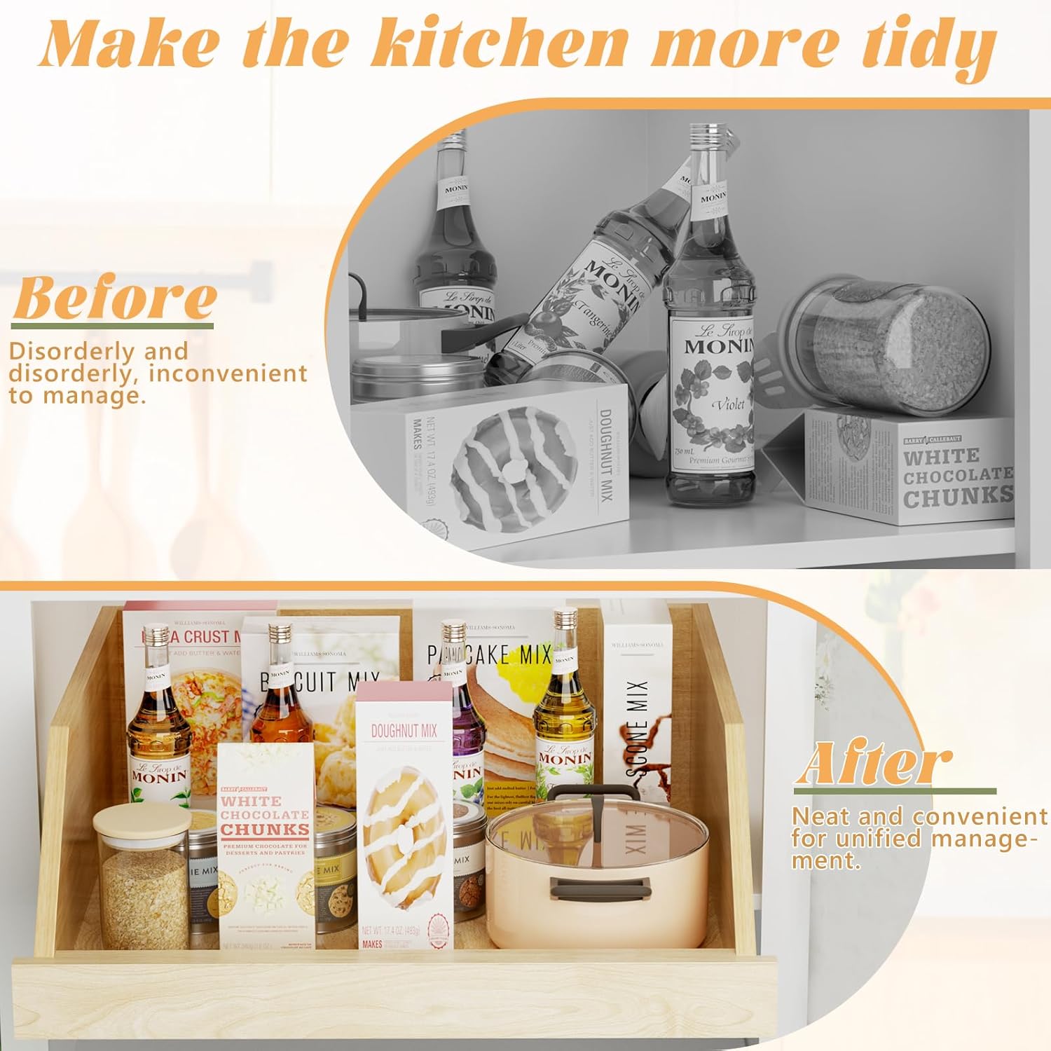Pull Out Cabinet Organizer, Slide Out Wood Drawer Shelf, Pull Out Drawers for Cabinets, 8" High Beveled Pull Out Organizers for Kitchen Pantry, 22½" W×21" D