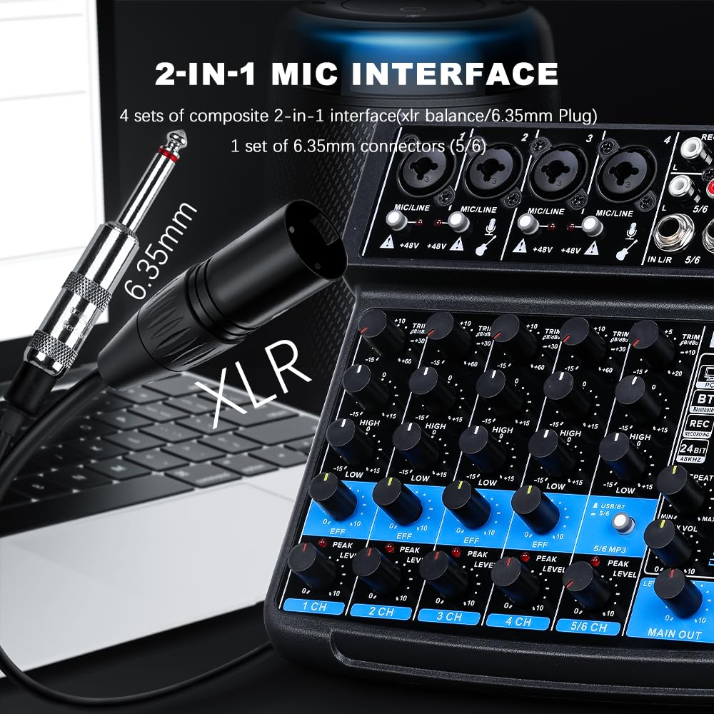 BOMGE Mini Mixer Audio DJ a 6 Canali con Interfaccia MP3 USB, Registrazione Stereo Bluetooth, Alimentazione Phantom 48V, DSP 99 per lo streaming di performance karaoke