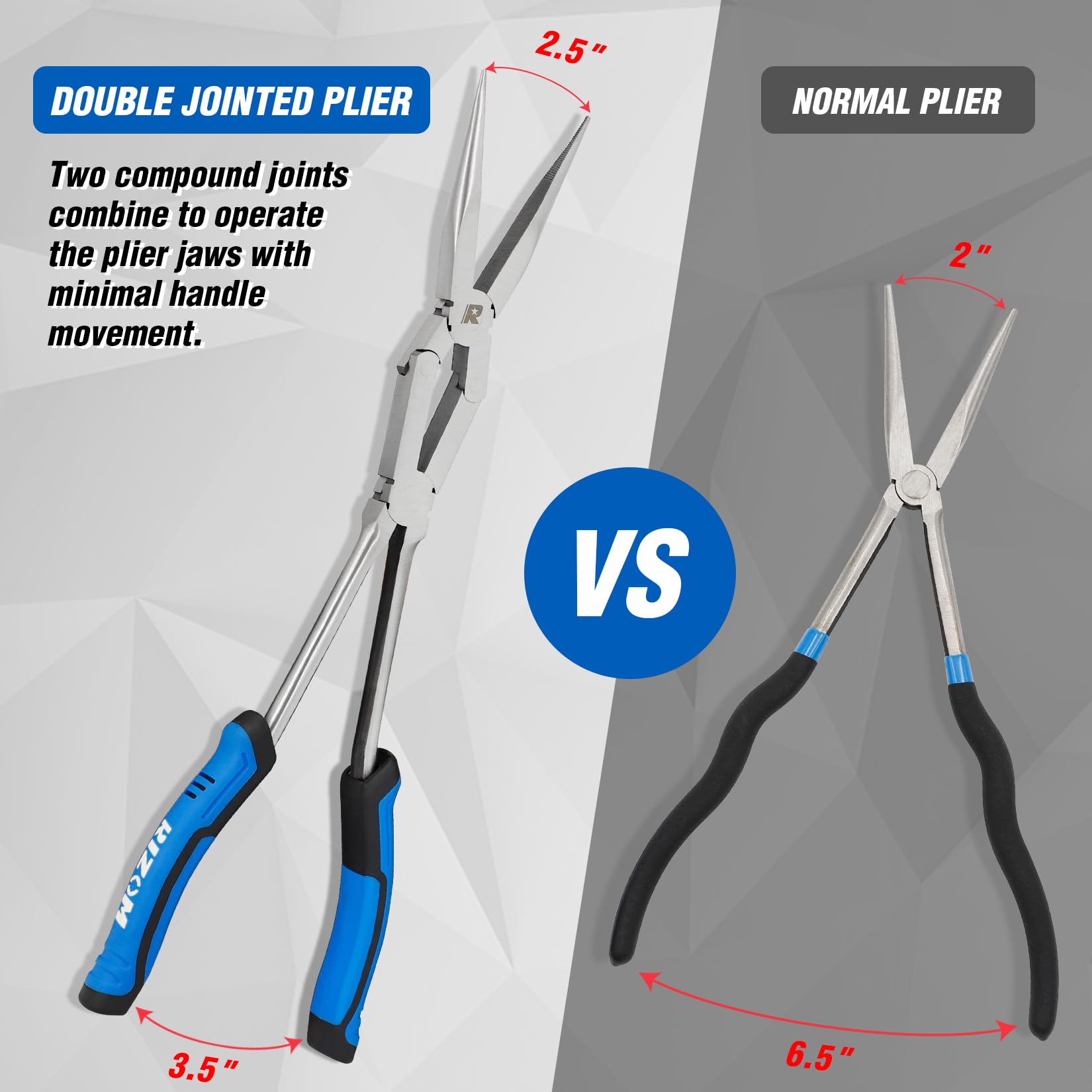 Rizom Set di 3 pinze a lunga portata, pinze a becco lungo a doppio snodo, 33 cm, pinze a becchi piegati a 45° e 90° per spazi stretti e aree limitate