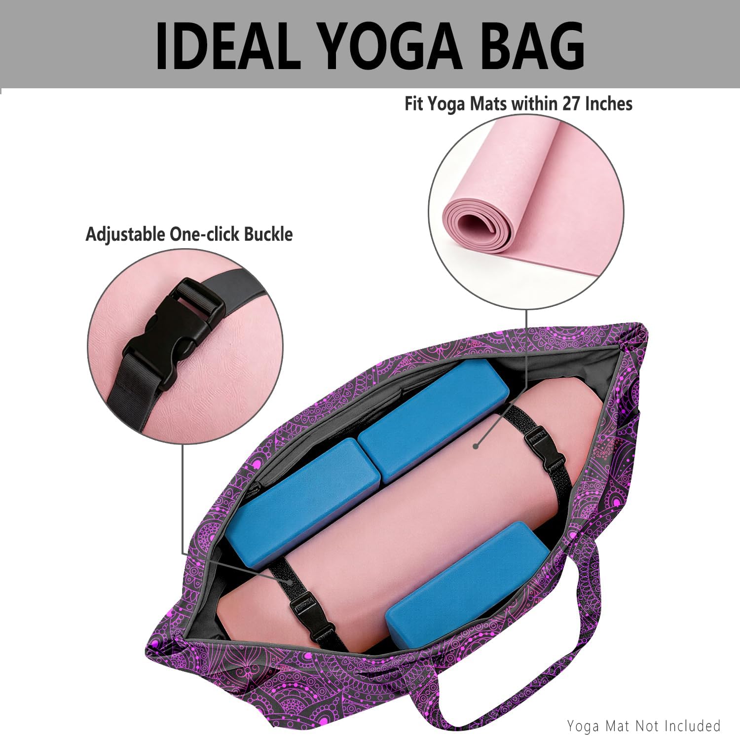 Women's Yoga Bag with Yoga Mat Carrier - Large Mat Pocket Fitness Tote for Pilates, Gym, Travel, Office & Beach