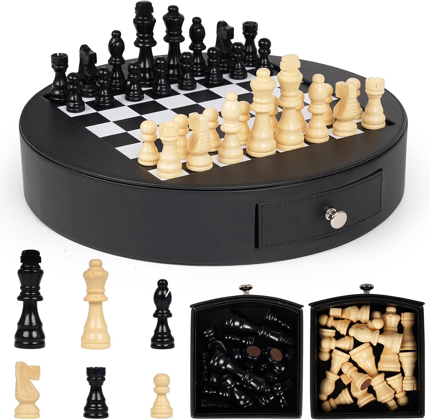 13-Inch Leather Chess Set with Wooden Chess Pieces,Portable Chess Board with Storage Drawer, Classic Strategy Board Game for Adults and Kids, Elegant Gift for Family and Friends