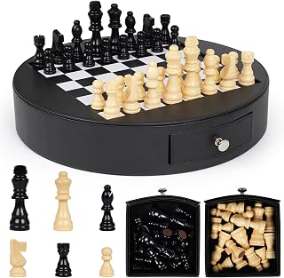 13-Inch Leather Chess Set with Wooden Chess Pieces,Portable Chess Board with Storage Drawer, Classic Strategy Board Game for Adults and Kids, Elegant Gift for Family and Friends