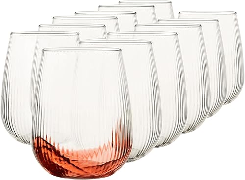 Juego de 12 copas de vino sin tallo, copas de vino rojoblanco de 17 onzas sin tallo, juego de cristalería con textura de tiras, aptas para