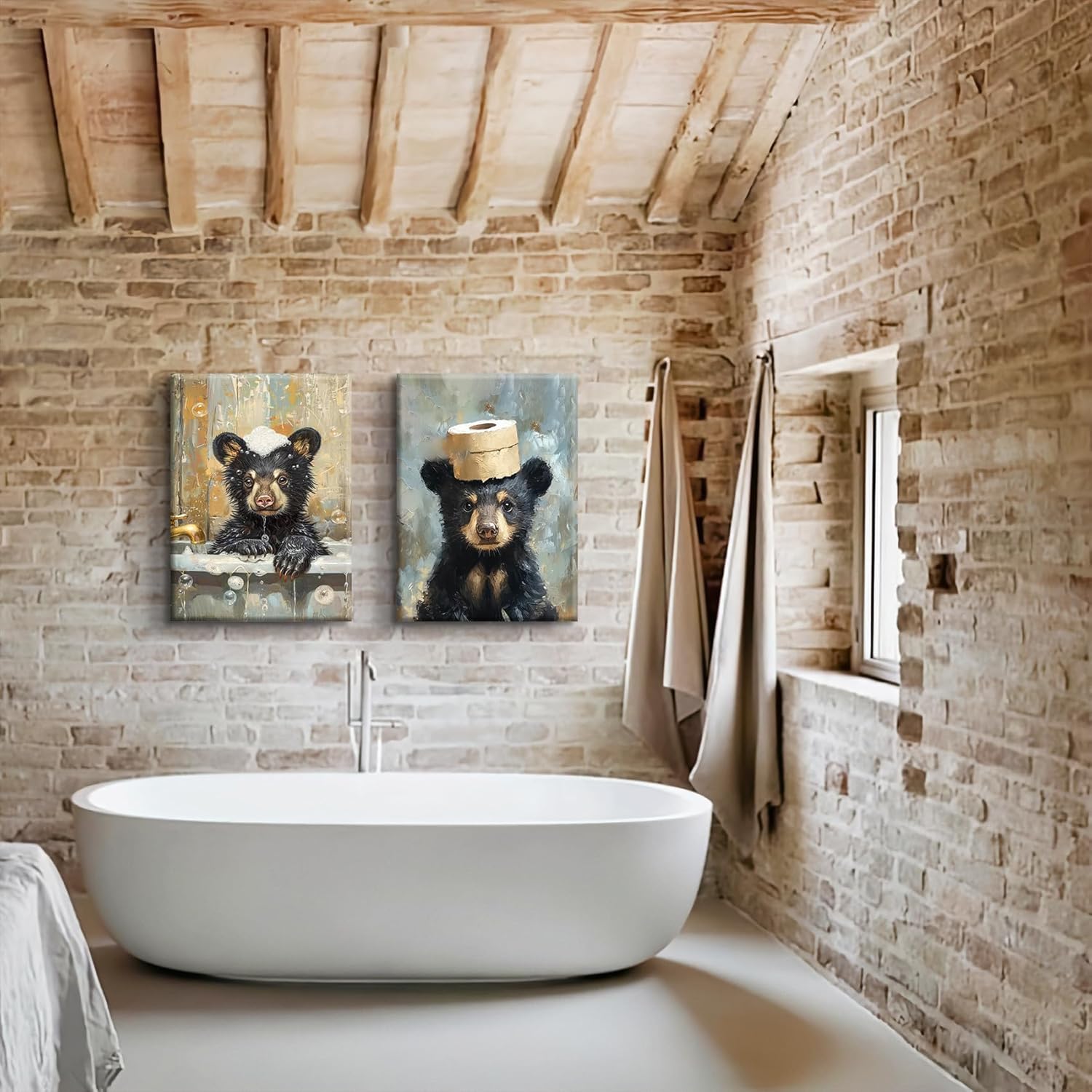 BHSUUHIT 2 Pcs Bear Bathroom Wall Art Funny Bathroom Animal Pictures Prints Black Bear With Paper Wall Decor Sitting in Bathtub Canvas Cute Humorous Posters Ready to Hang Home Decor(16x24in Canvas)