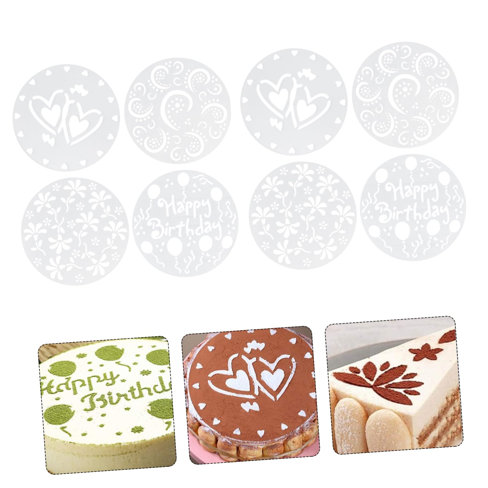 GLEAVI 8Pcs Cake Baking Stencils Reusable Dessert Templates for Coffee Art Cake Decoration Easy to Clean Use for Festive Celebrations Professional Looking Designs