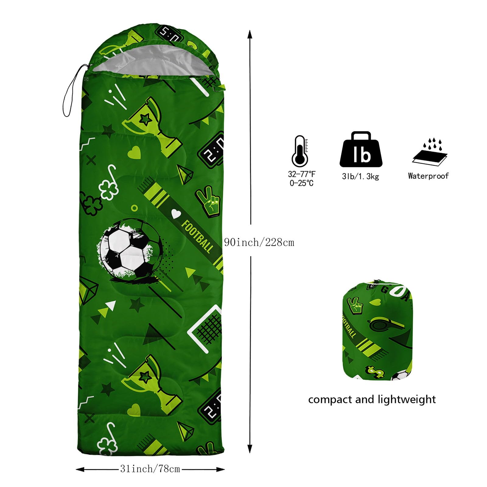 HOSIMA Sleeping Bags,Black Green Theme Football Print Lightweight Warm Portable Outdoor Indoor Waterproof Cold Resistant Sleeping Bag for Camping Hiking (Football3) - Image 3