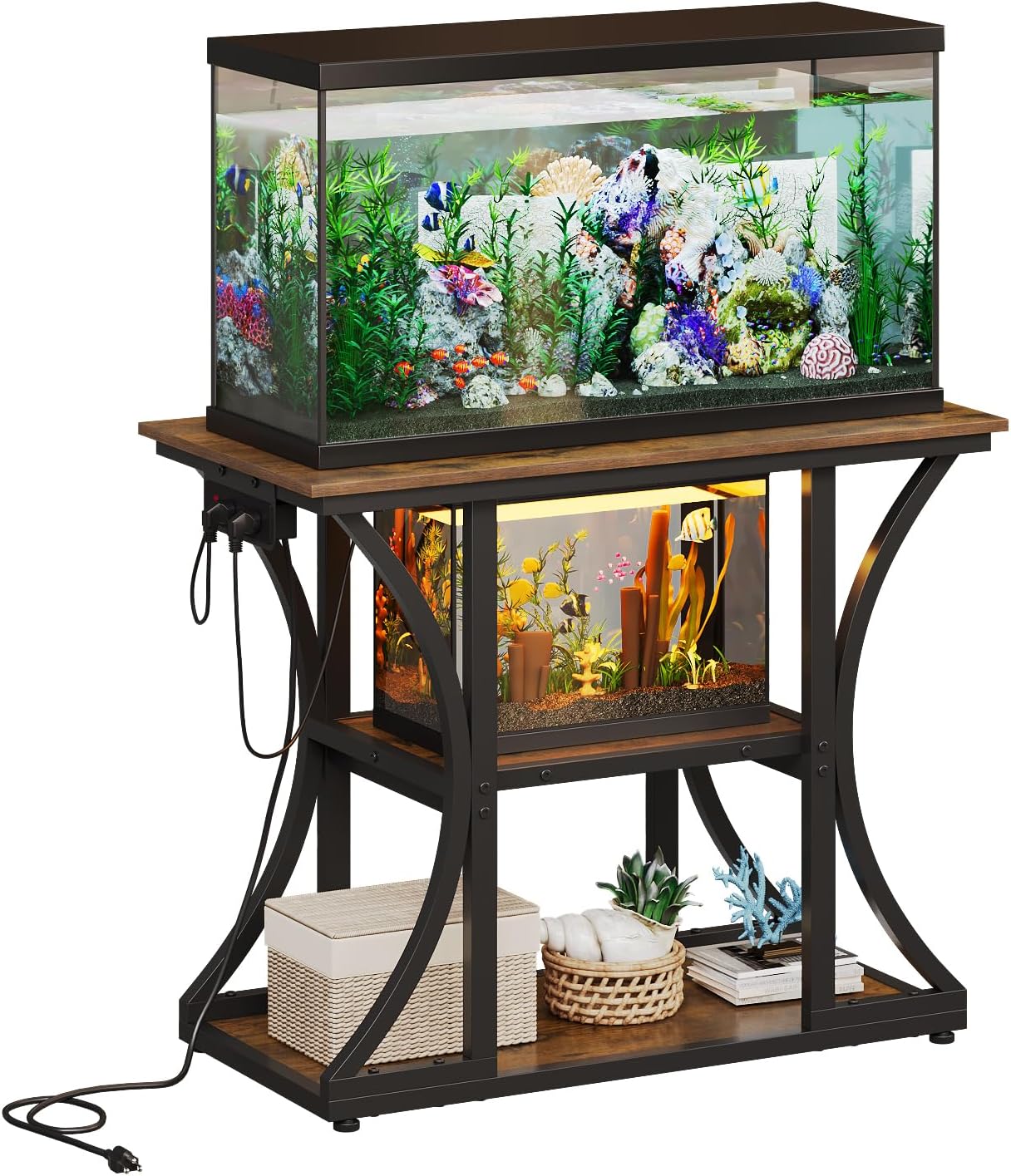 50 Gallon Aquarium Stand with Power Outlets Fish Tank Stand with 3-Tier Storage Shelves Display Stand for Turtle Tank Shelves Metal Frame Stand for Living Room Office Entryway,Brown
