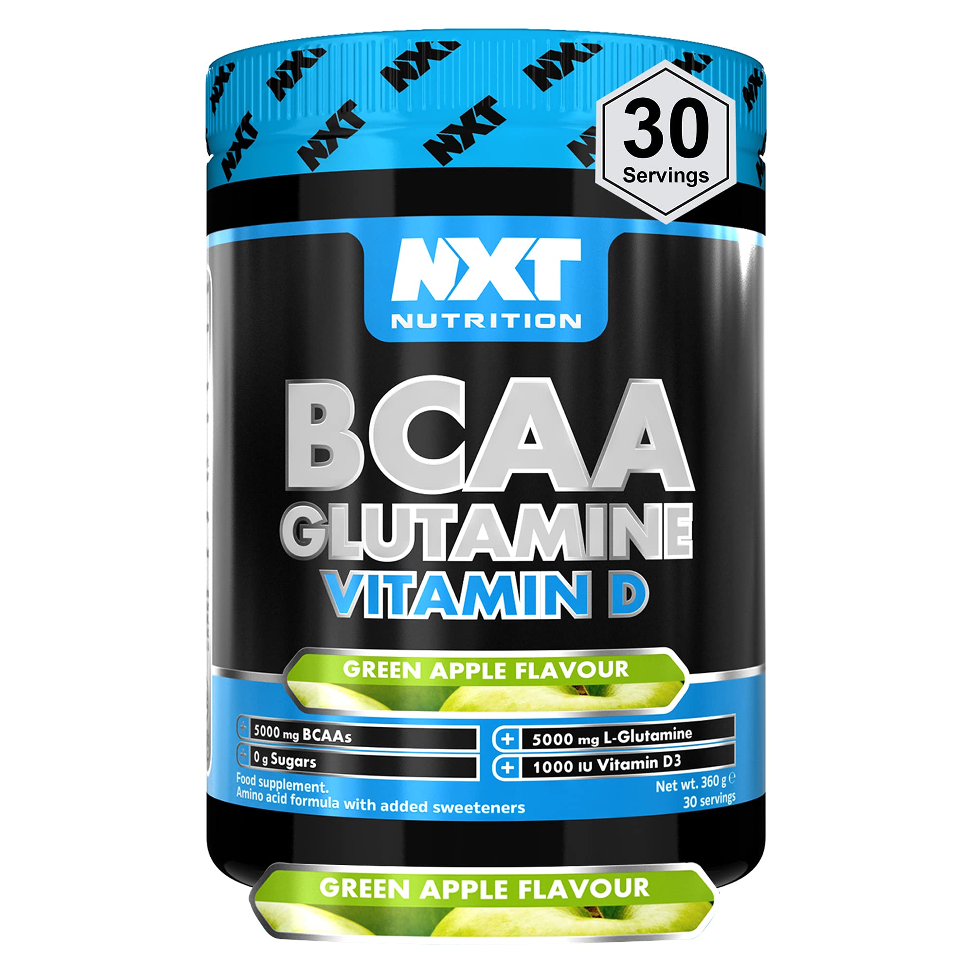 NXT Nutrition BCAA, Glutamina y Vitamina D | Aminoácidos BCAA con vitamina D3 y L-glutamina: para recuperación, salud intestinal y síntesis de proteínas musculares | 360 g - 30 porciones (manzana)