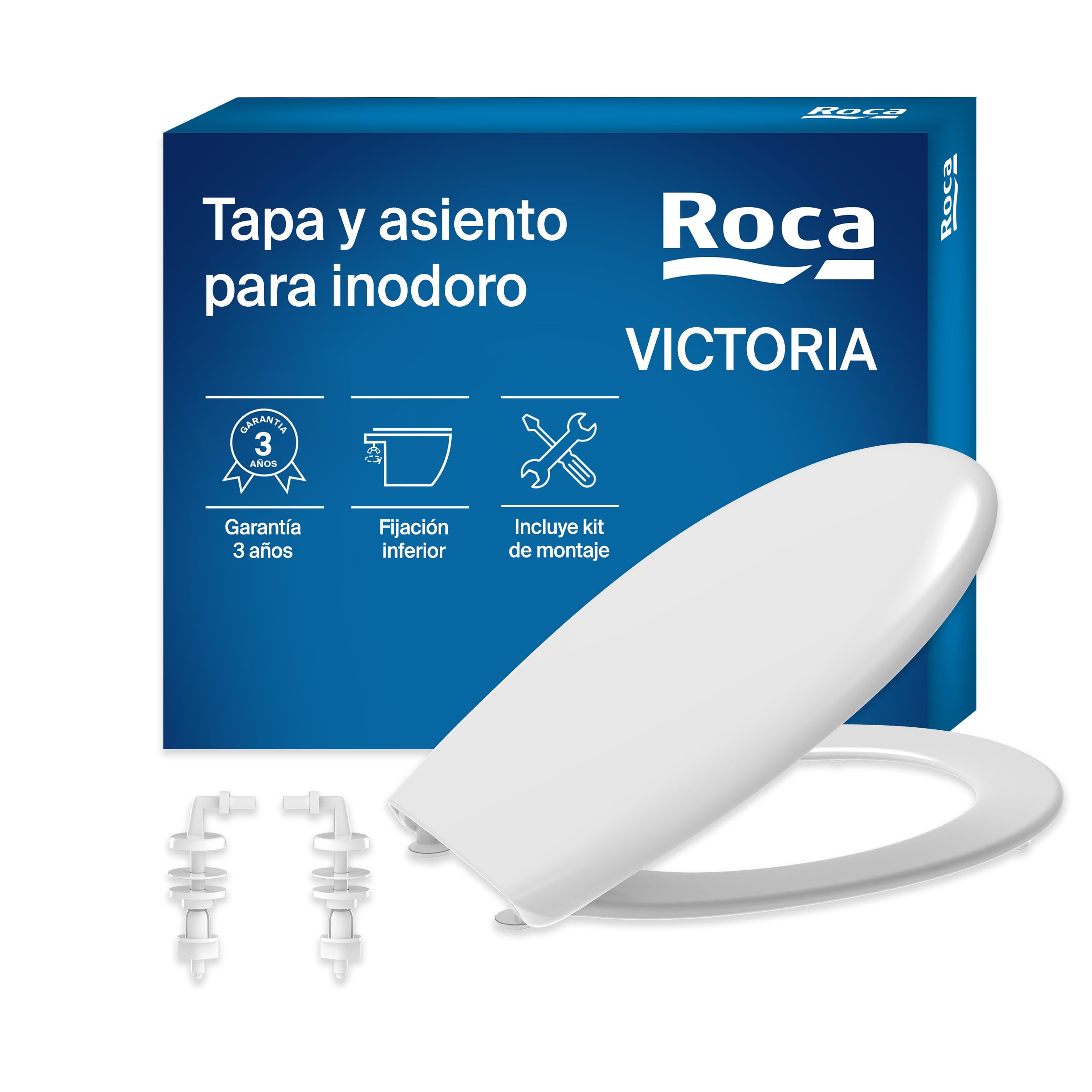 Roca Victoria - Tapa y asiento de plástico para inodoro con bisagras extraíbles, tapadera de WC original con ajuste perfecto, recambio de tapa de váter resistente, blanco, A801398004