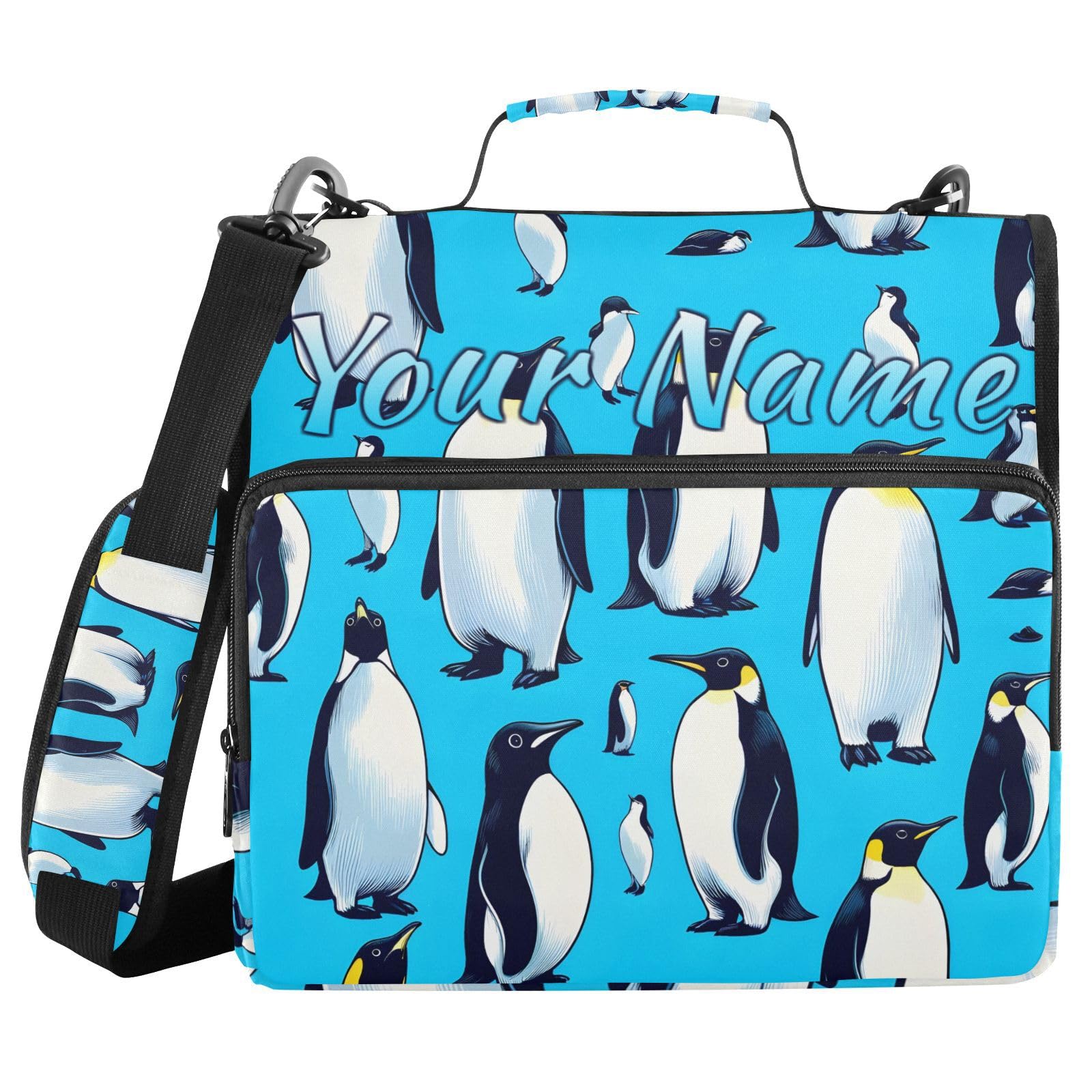 Custom 3 Ring Zipper Binder Penguin Animal Blue Ocean Personalized Name 1.5 Inch Binders Large Capacity Multi Pockets for School Office Supplies