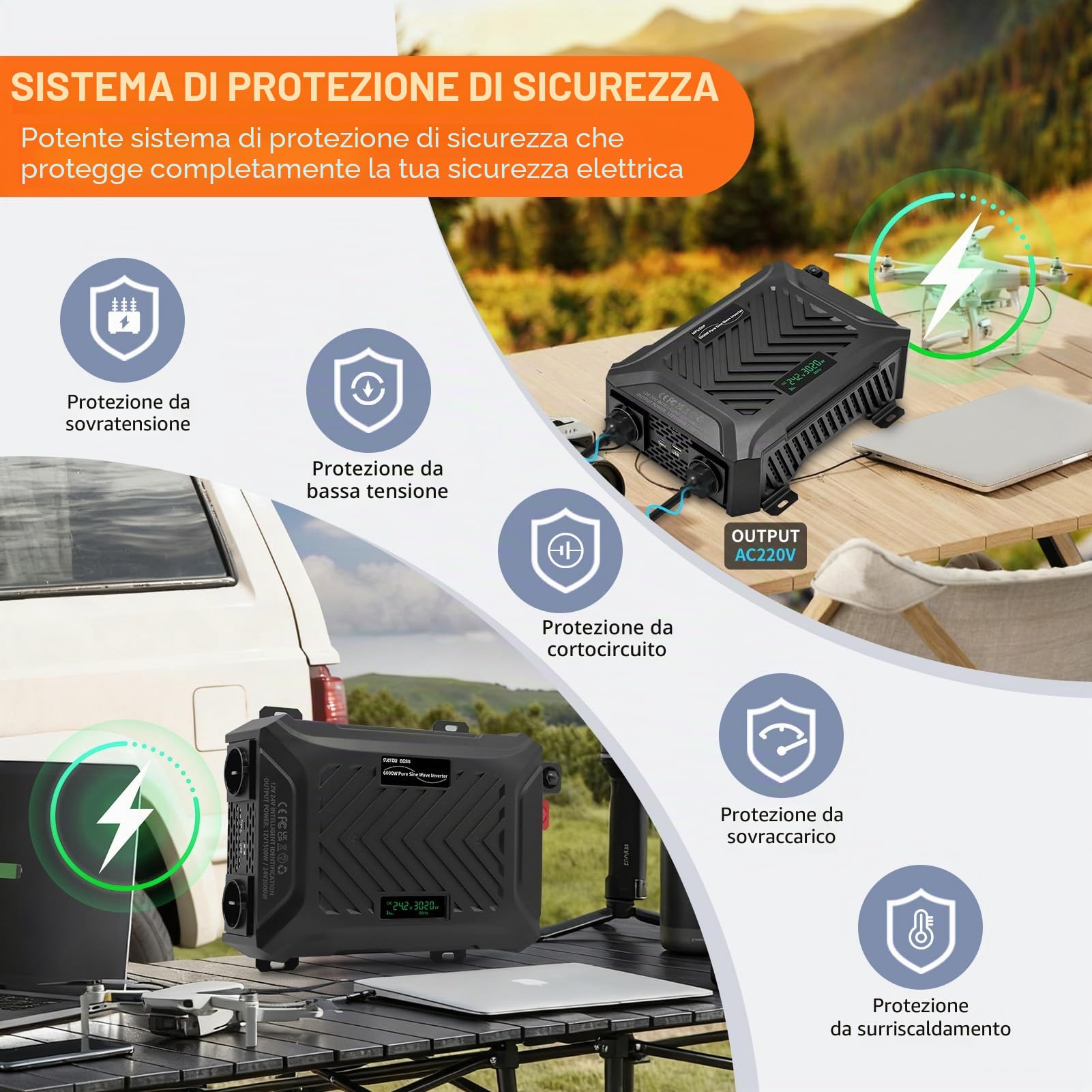 DATOUBOSS Inverter 24V 220V/230V Onda Pura 3000W/6000W, Convertitore 24V 220V 3000W con Display LCD, 2 Prese AC, USB-A e Type-C, per Camper, Casa, Impianti Fotovoltaici e Off-Grid