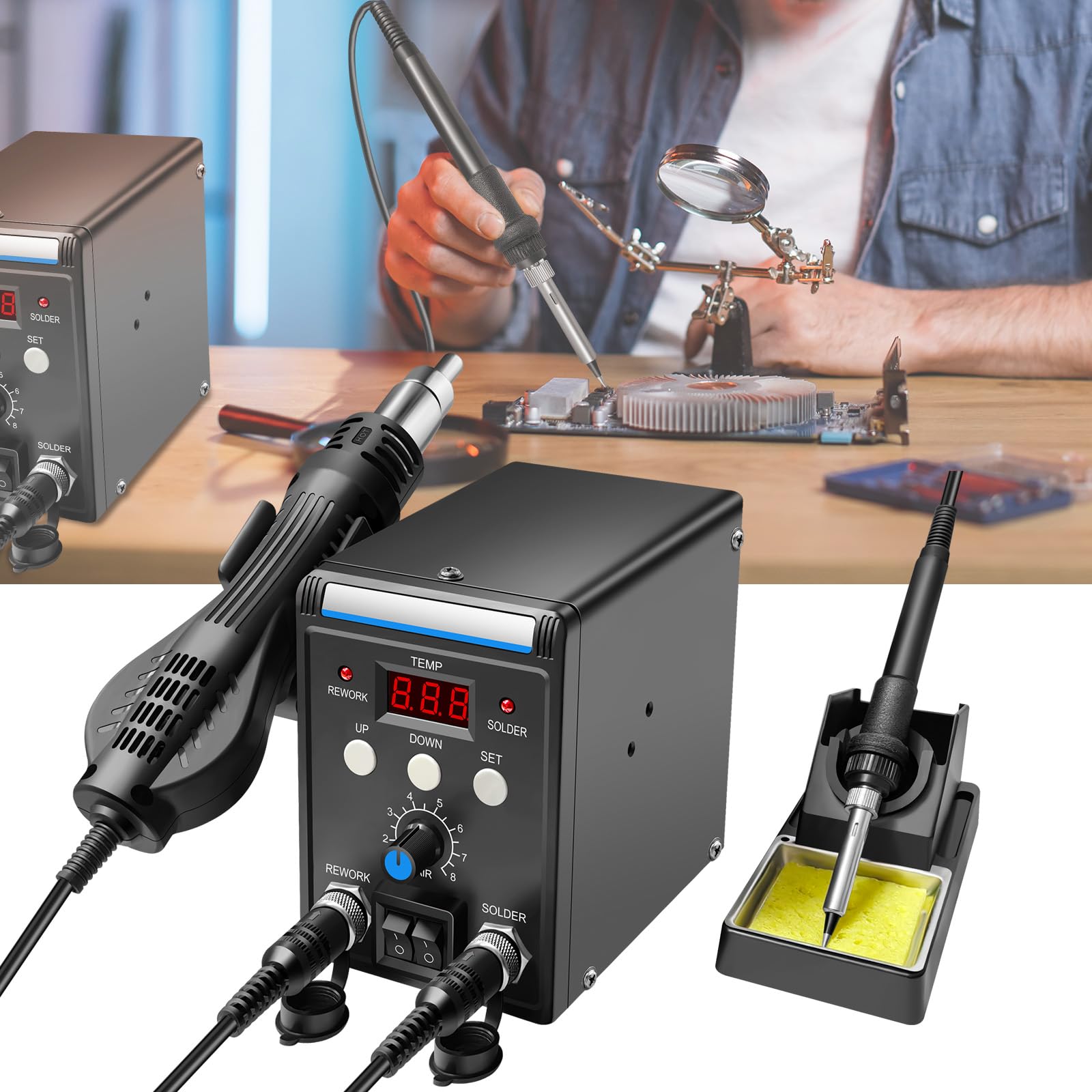 2-in-1 Hot Air Soldering Station Kit with 3 Nozzles – 700W Adjustable Temperature 100°C to 500°C, Digital Display & Heat Gun for Electronics, Phone and Circuit Board Repair