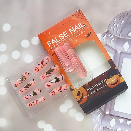 Miniatura 4 de Uñas postizas a presión de Halloween muy largas, uñas postizas cuadradas de acrílico de dibujos animados de Halloween para mujer, uñas brillantes de
