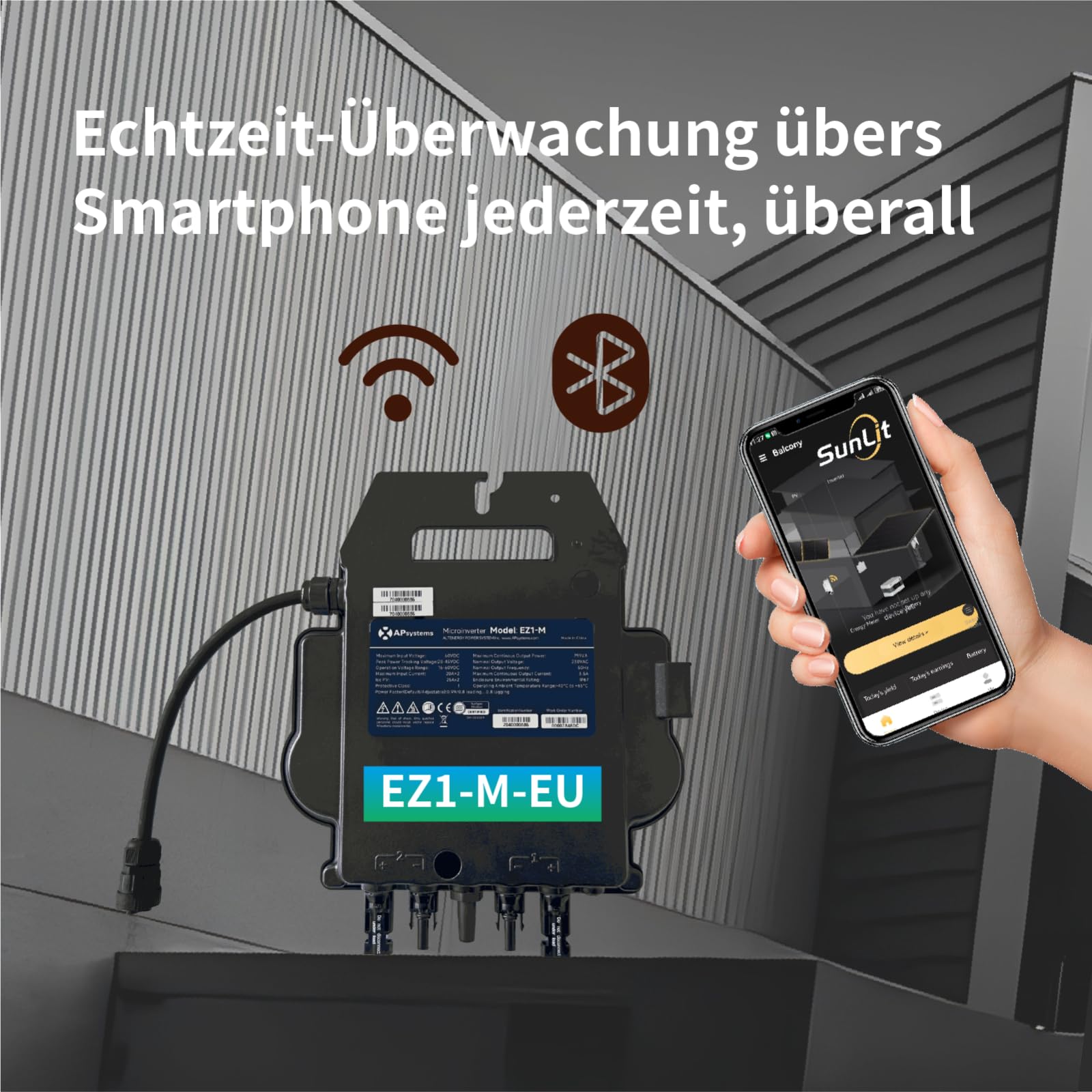APsystems EZ1-M 800 Watt Mikrowechselrichter - WLAN, Bluetooth, Silber, Schuko (Typ F), Koaxial, 1 Stück