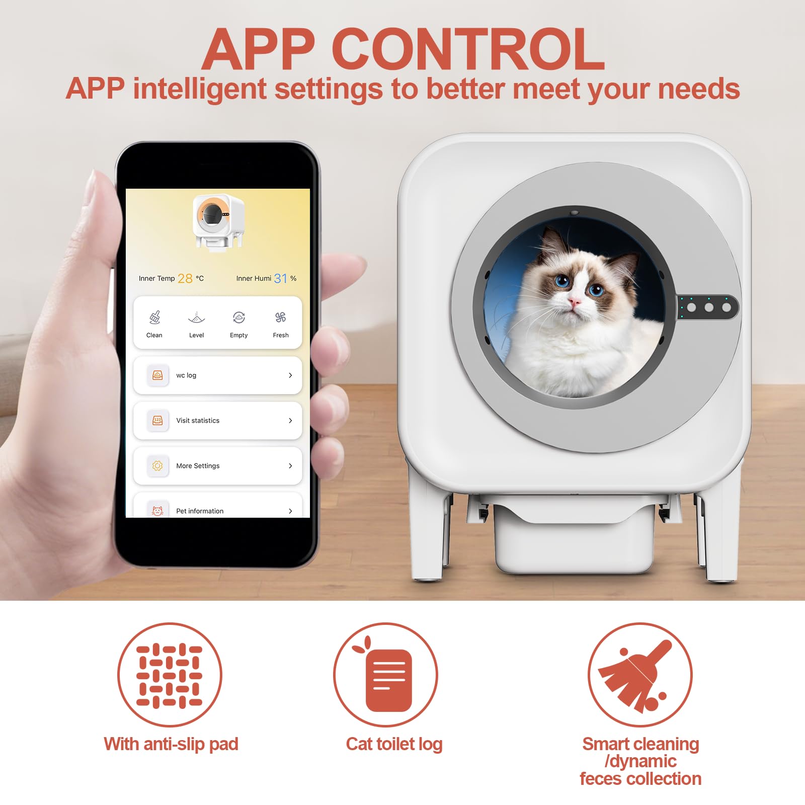 lettiera per gatti autopulente, capacità 70 l XL (48 x 55 x 61 cm), controllo app WiFi, toilette automatica inodore per gatti con sacchetti da garage