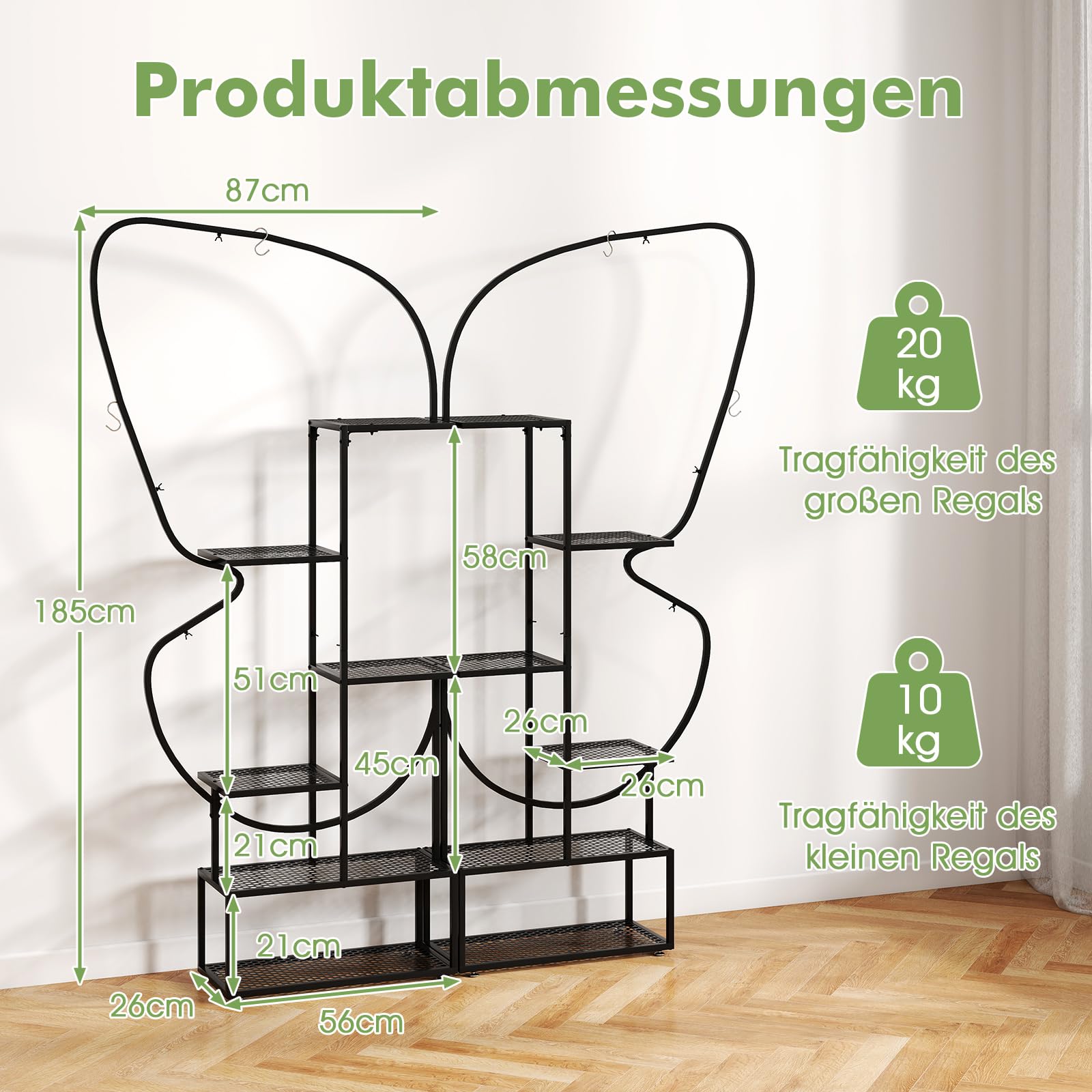 COSTWAY 6-stufiger Metall Pflanzenständer, schmetterlingsförmig, Blumenregal mit 4 Haken, Pflanzenregal Leiterregal, Pflanzenleiter Blumenständer, für Garten Balkon Wohnzimmer, 185 cm (Schwarz)