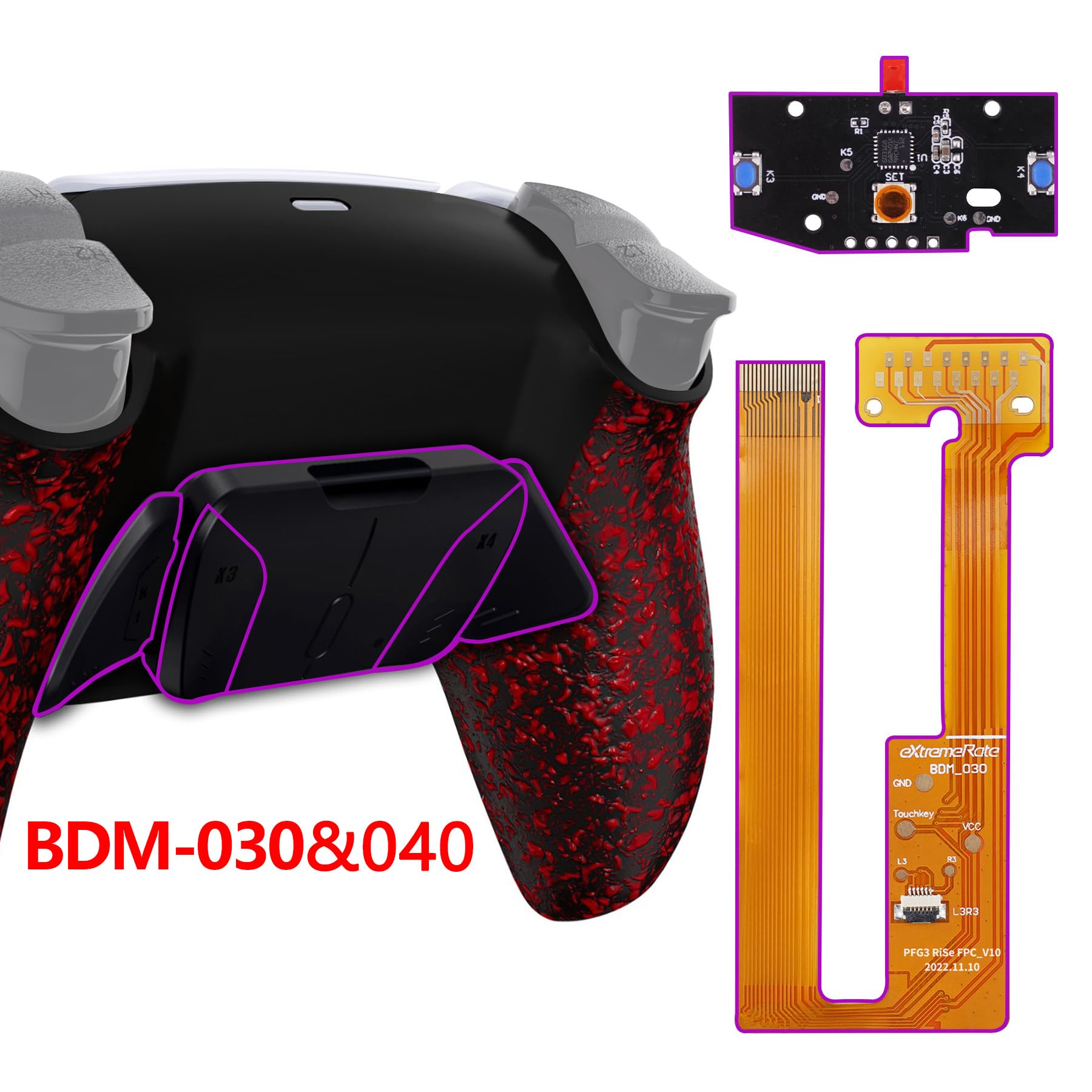 eXtremeRate Programable RISE4 Remap Kit para ps5 Modelo BDM-030/040/050 Actualización Board & Carcasa Trasera & 4 Palancas Botones Traseros para ps5 Control-NO Incluye Mando(Salpicaduras Rojas)