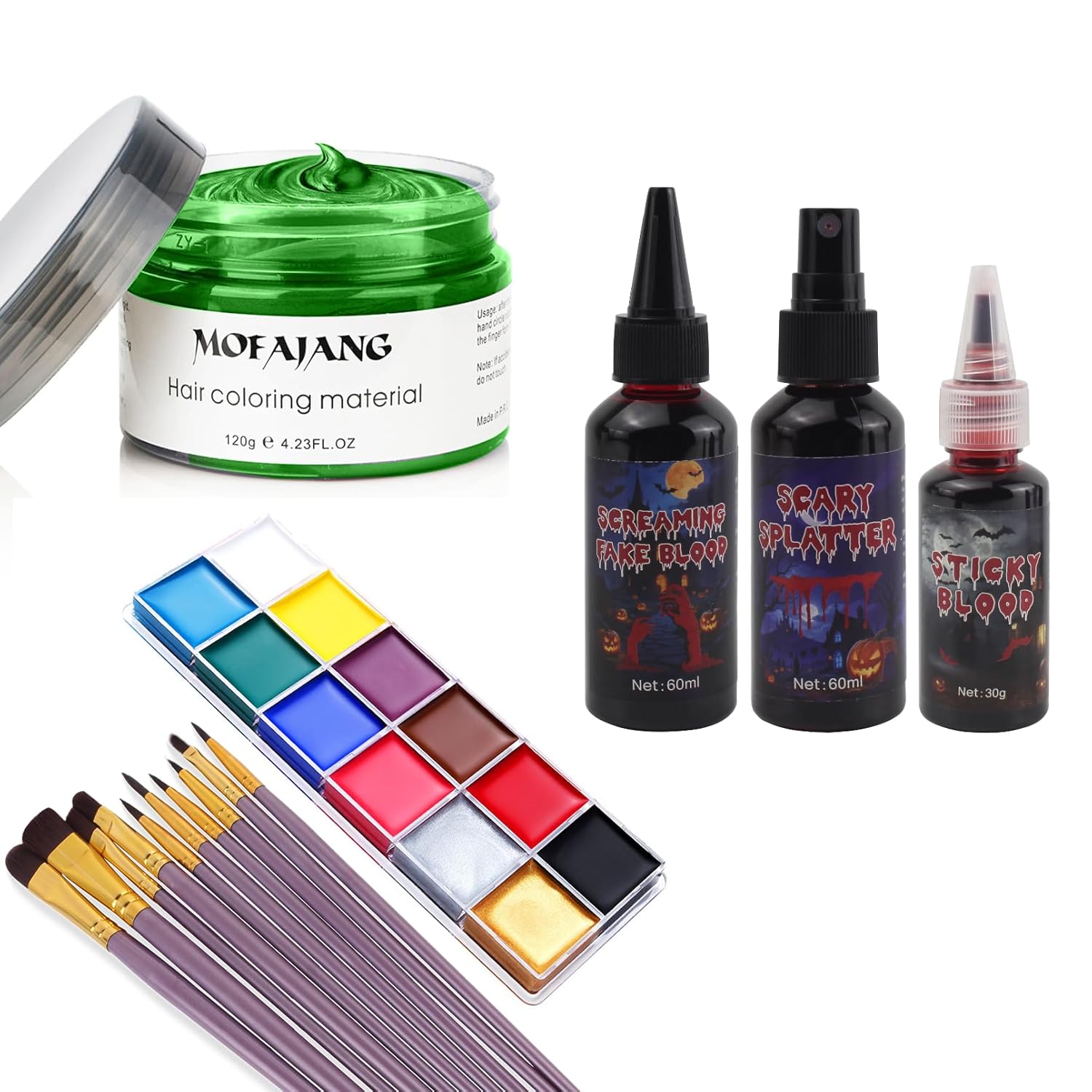 Halloween Kit, Green Temporary Hair Dye Wax, Fake Blood Washable, Face Paint Kit, Painting Palette with Brushes Body Paint
