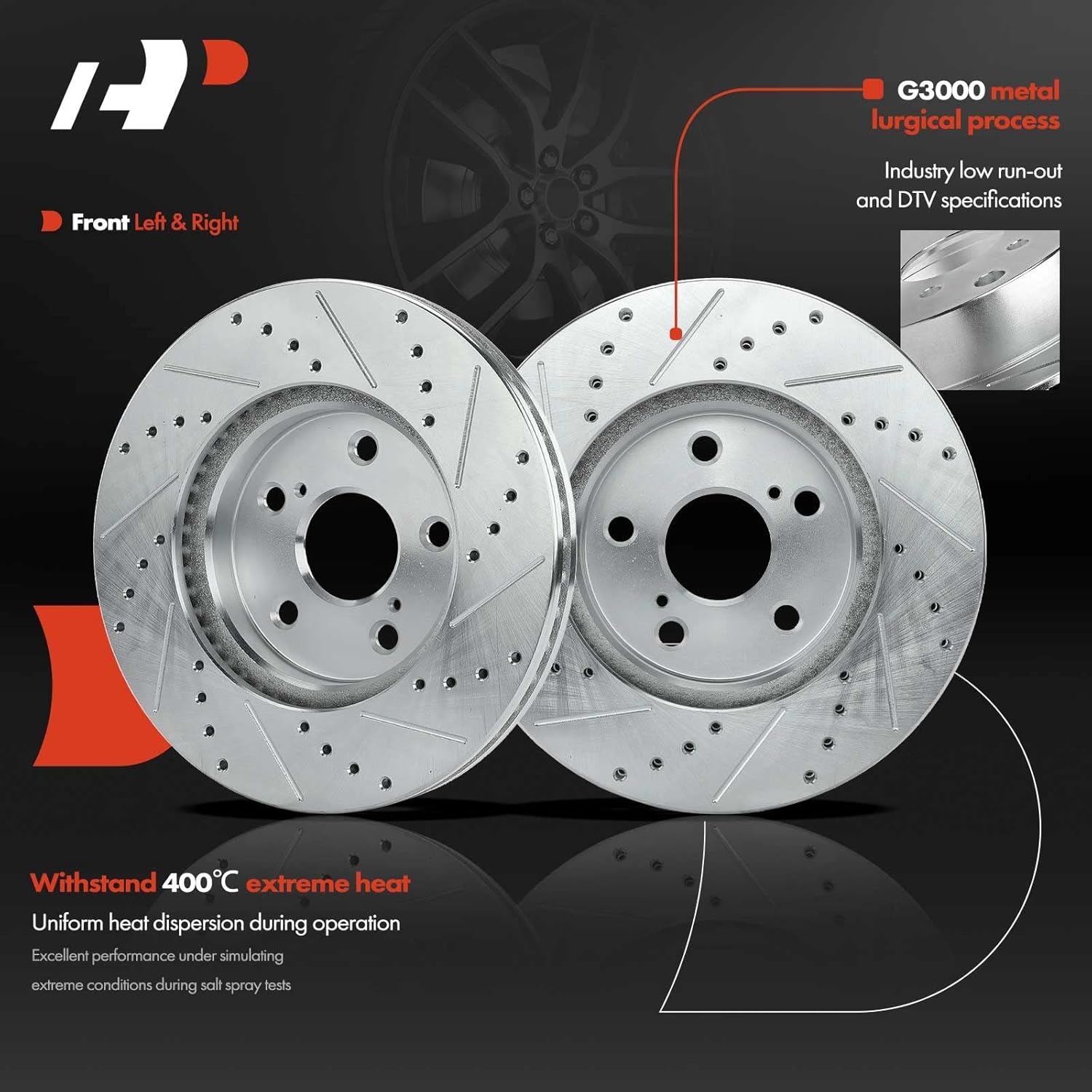 A-Premium 11.65 inch(296 mm) Front Drilled and Slotted Disc Brake Rotors + Ceramic Pads Kit Compatible with Lexus and Toyota Models- ES300 02-03, Avalon 05-07, Camry 05-06, Sienna 04-10, Solara 04-08