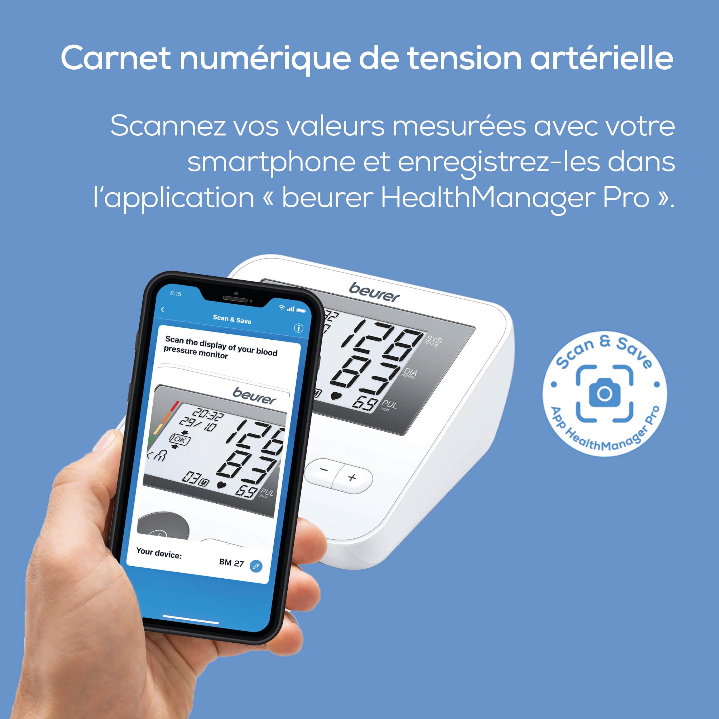 Beurer BM 27 Tensiomètre de bras avec contrôle de position du brassard, cliniquement validé, brassard 22-42 cm, indicateur de risque, détection d'arythmie, transfert de données vers Apple Health