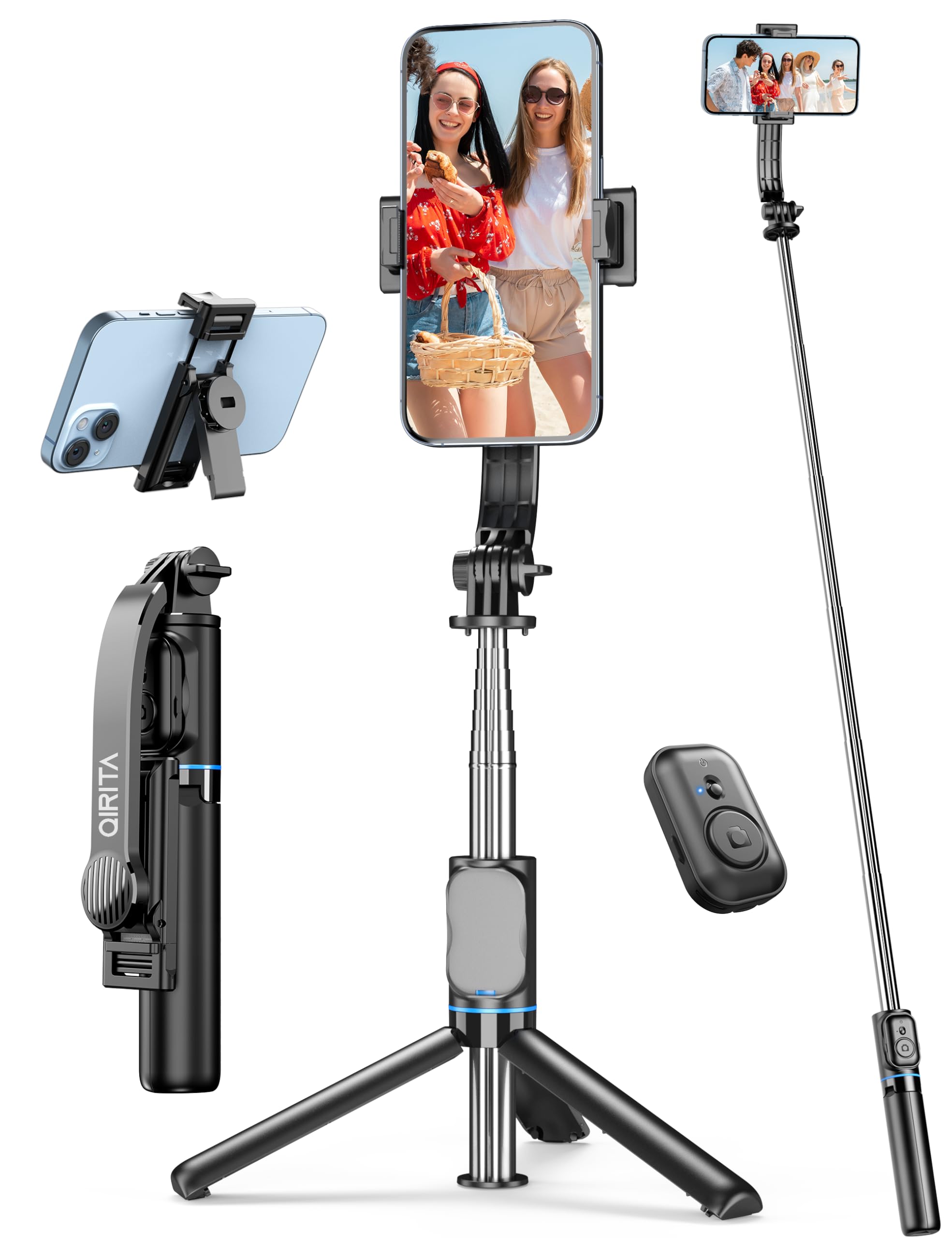 Selfie Stick, Extendable Phone Tripod Stand with Phone Holder & Detachable Remote, 360° Rotation Selfie Stick Tripod for Cell Phone