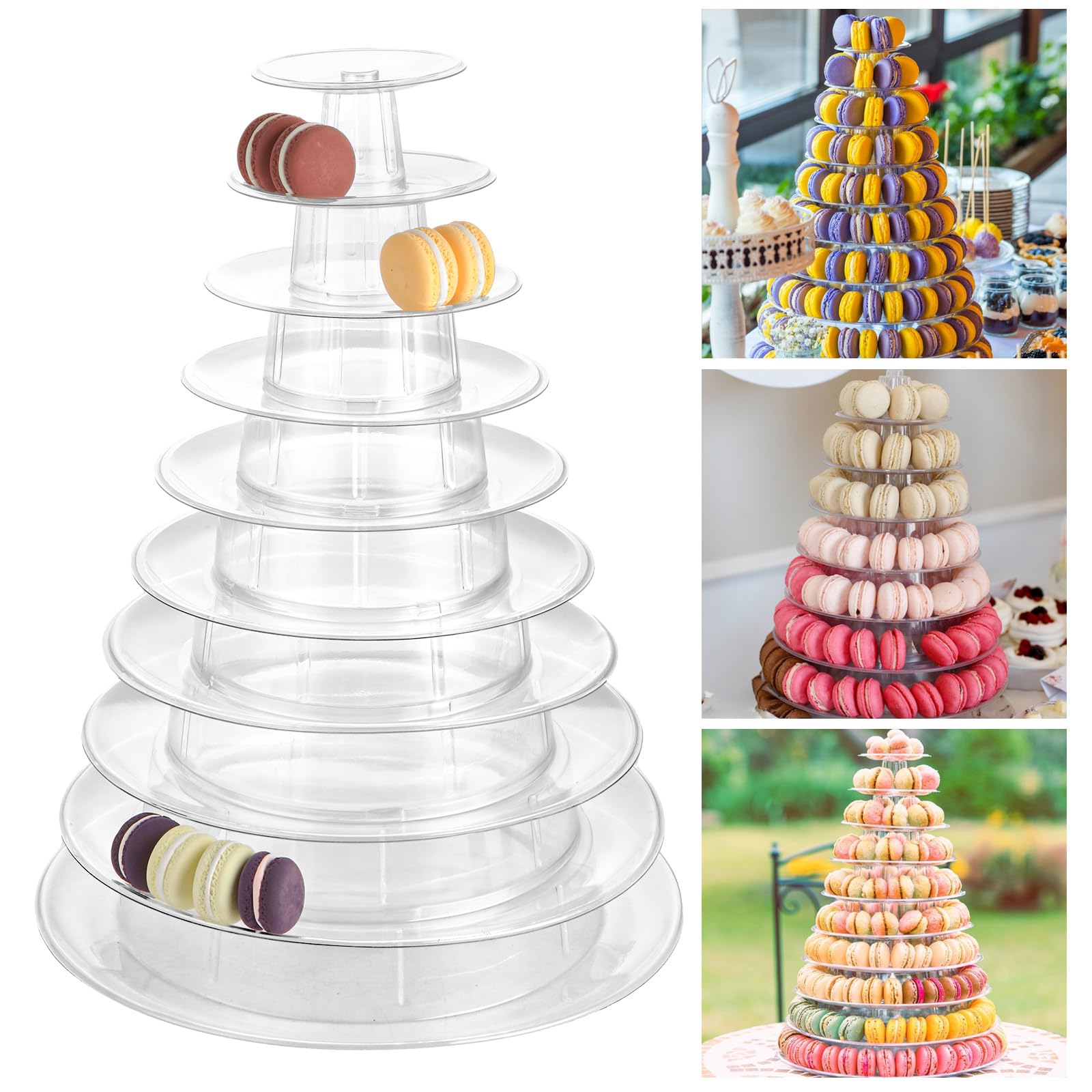YAYODS Tour à macarons à 10 niveaux - Rond - Transparent - Présentoir à macarons en plastique - Pour mariage, anniversaire, fête prénatale