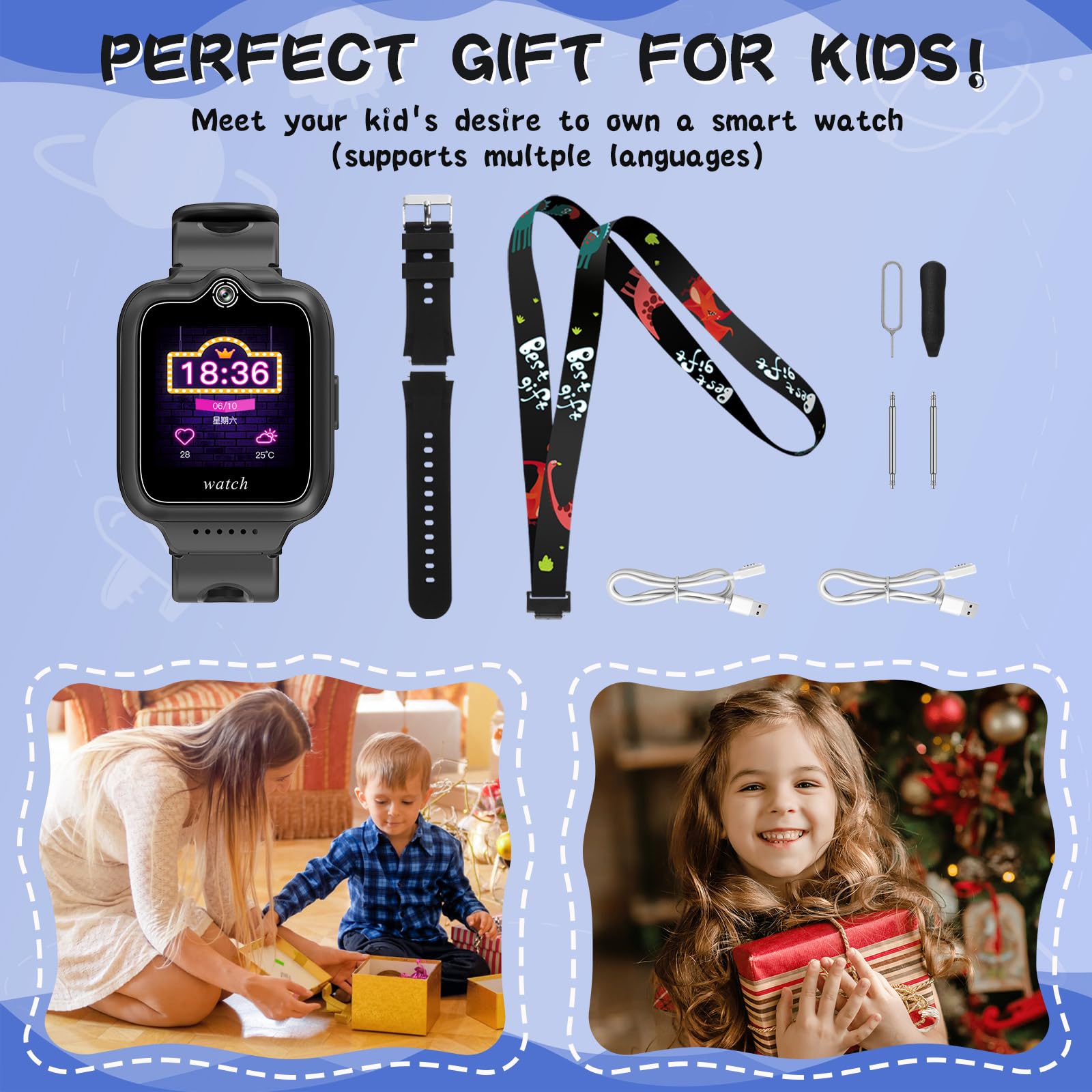 jianyana Smartwatch Kinder mit GPS und Telefon 4G, 360 Grad Drehung Smart Watch 4G WiFi Videoanruf SOS SMS Musik-Player Kamera Wecker, Geburtstags Weihnachts Geschenk für Jungen und Mädchen