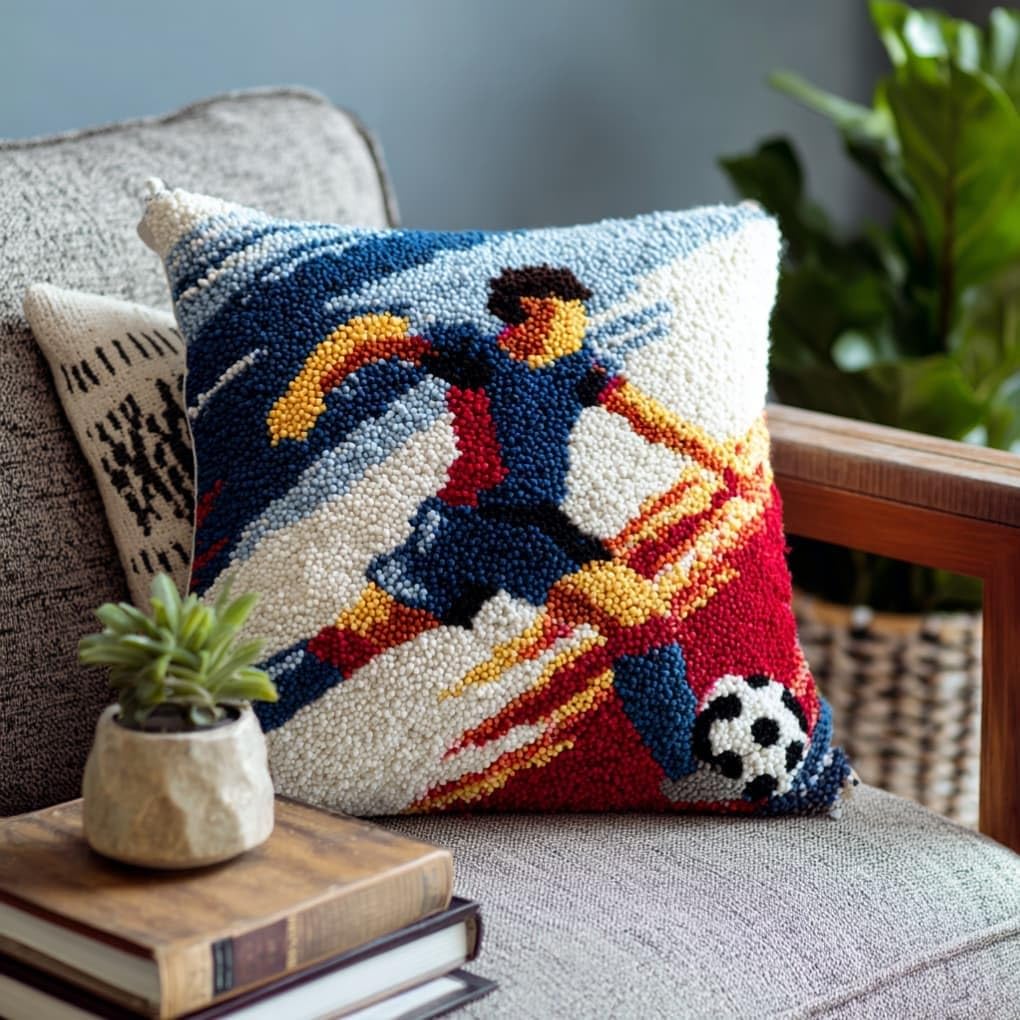 Taxpy DIY Latch Hook Pillow Kit Pre-Printed Hook and Latch Rug Kits Soccer 17X17 Inch.Cross-Stitch Embroidery Cushion Cover for Home Sofa Decoration