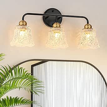 3 Lights Vintage Bathroom Vanity Lights Light Fixture Over Mirror For Bath Glass Shade Light Black And Gold